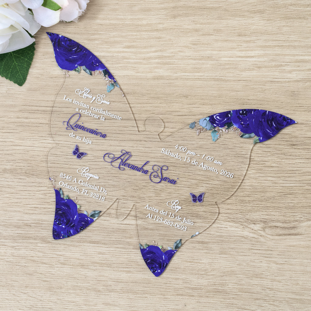PONATIA 1mm/0.04" Royal Blue Butterfly Clear Acrylic Quinceanera Invitation Card with Envelopes