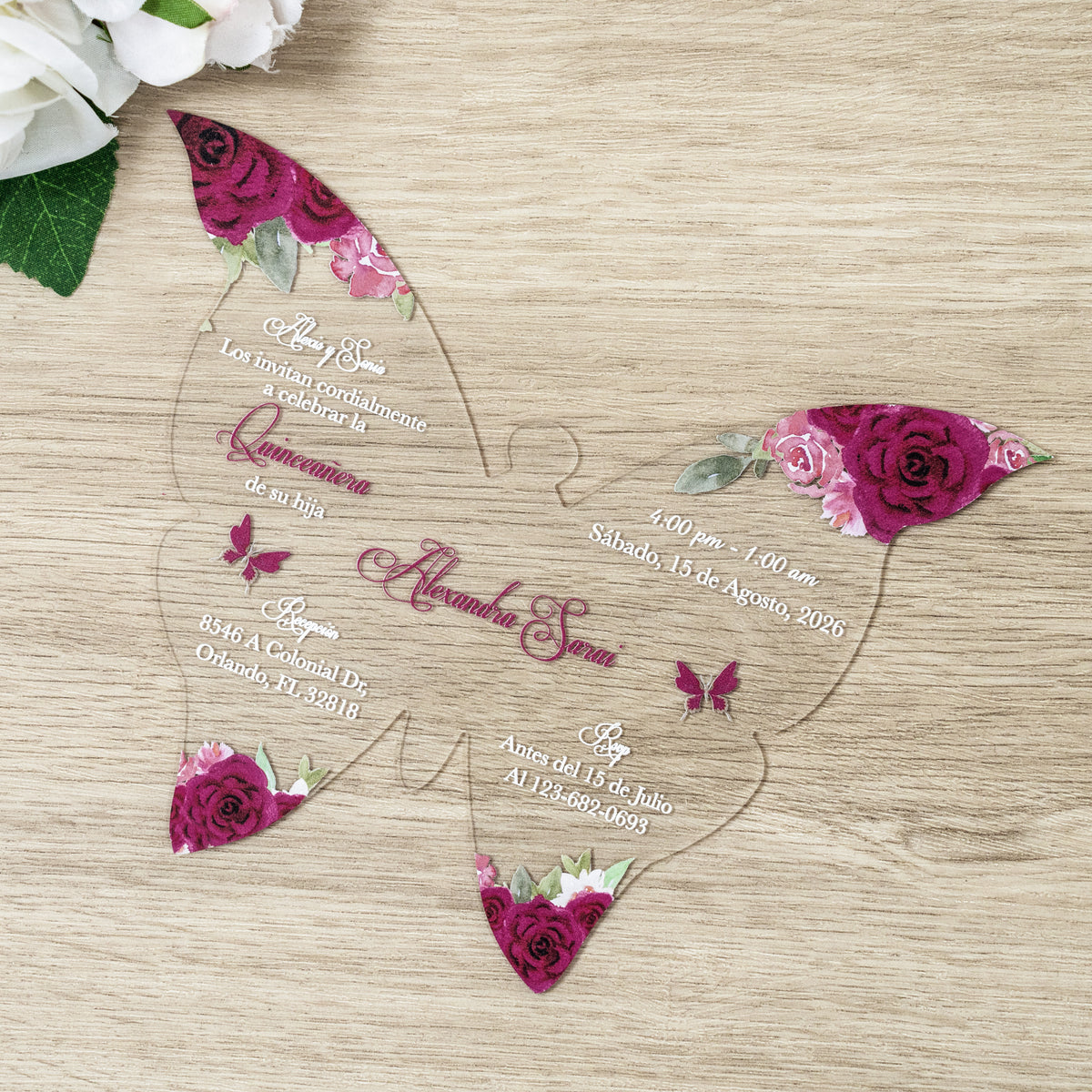 PONATIA 1mm/0.04" Fuchsia Butterfly Clear Acrylic Quinceanera Invitation Card with Envelopes