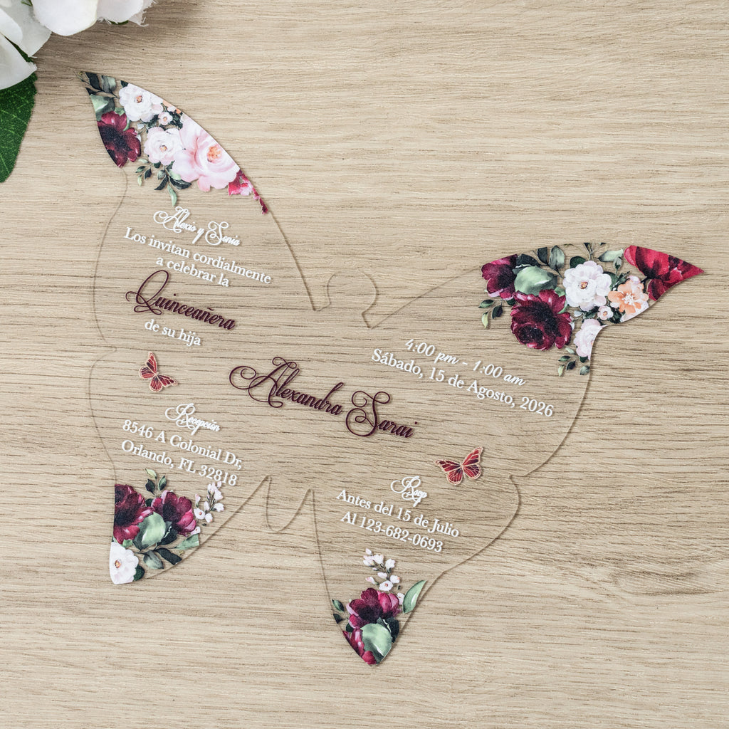 PONATIA 1mm/0.04" Burgundy Butterfly Clear Acrylic Quinceanera Invitation Card with Envelope