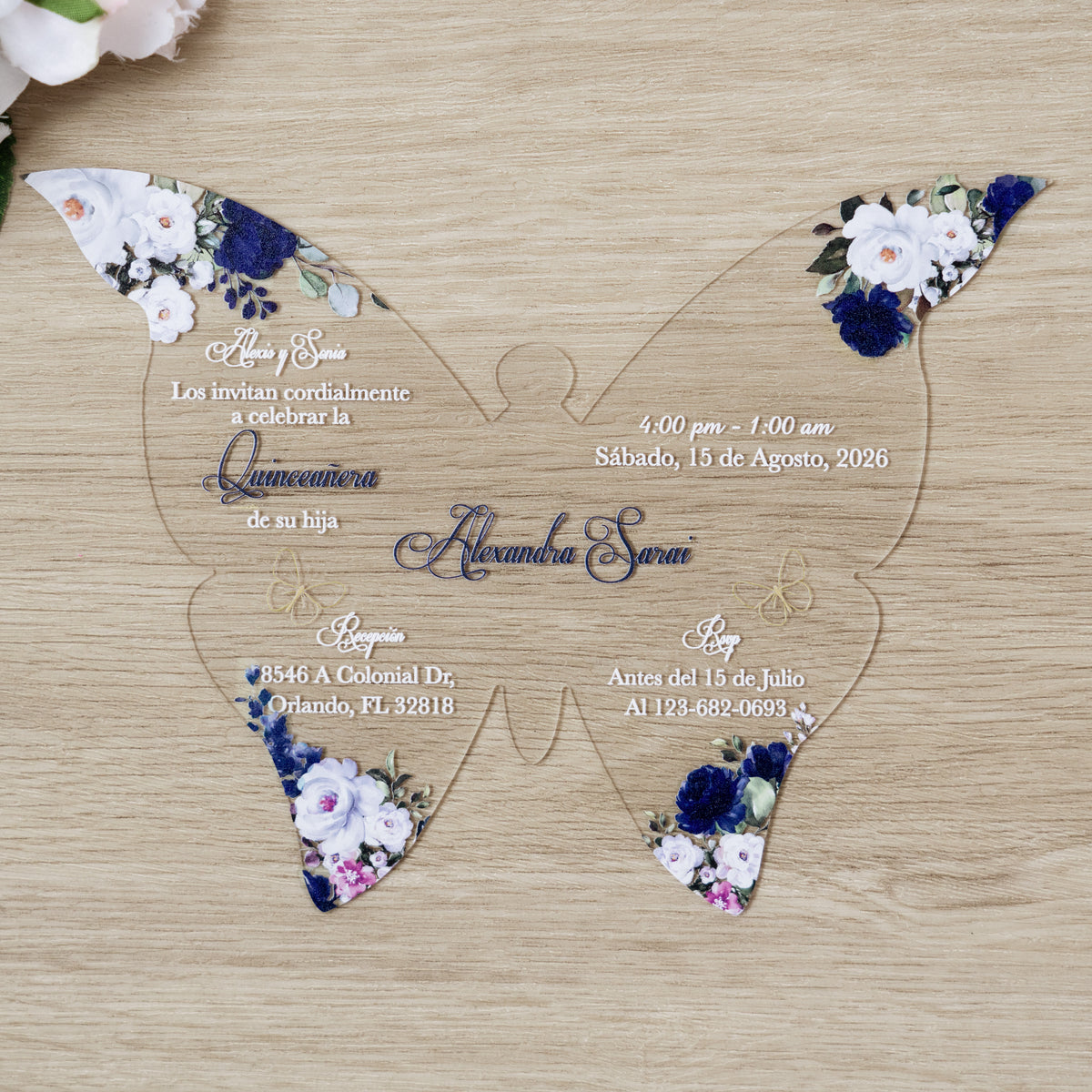PONATIA 1mm/0.04" Navy Blue Butterfly Clear Acrylic Quinceanera Invitation Card with Envelopes
