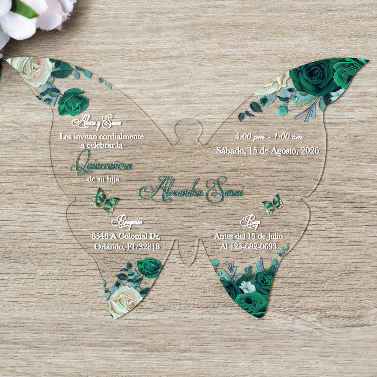PONATIA 1mm/0.04" Emerald Green Butterfly Clear Acrylic Quinceanera Invitation Card with Envelopes