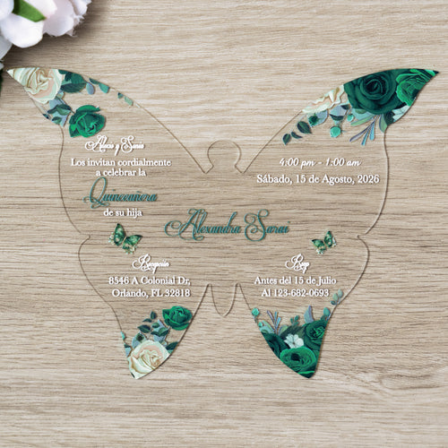 PONATIA 1mm/0.04" Emerald Green Butterfly Clear Acrylic Quinceanera Invitation Card with Envelopes