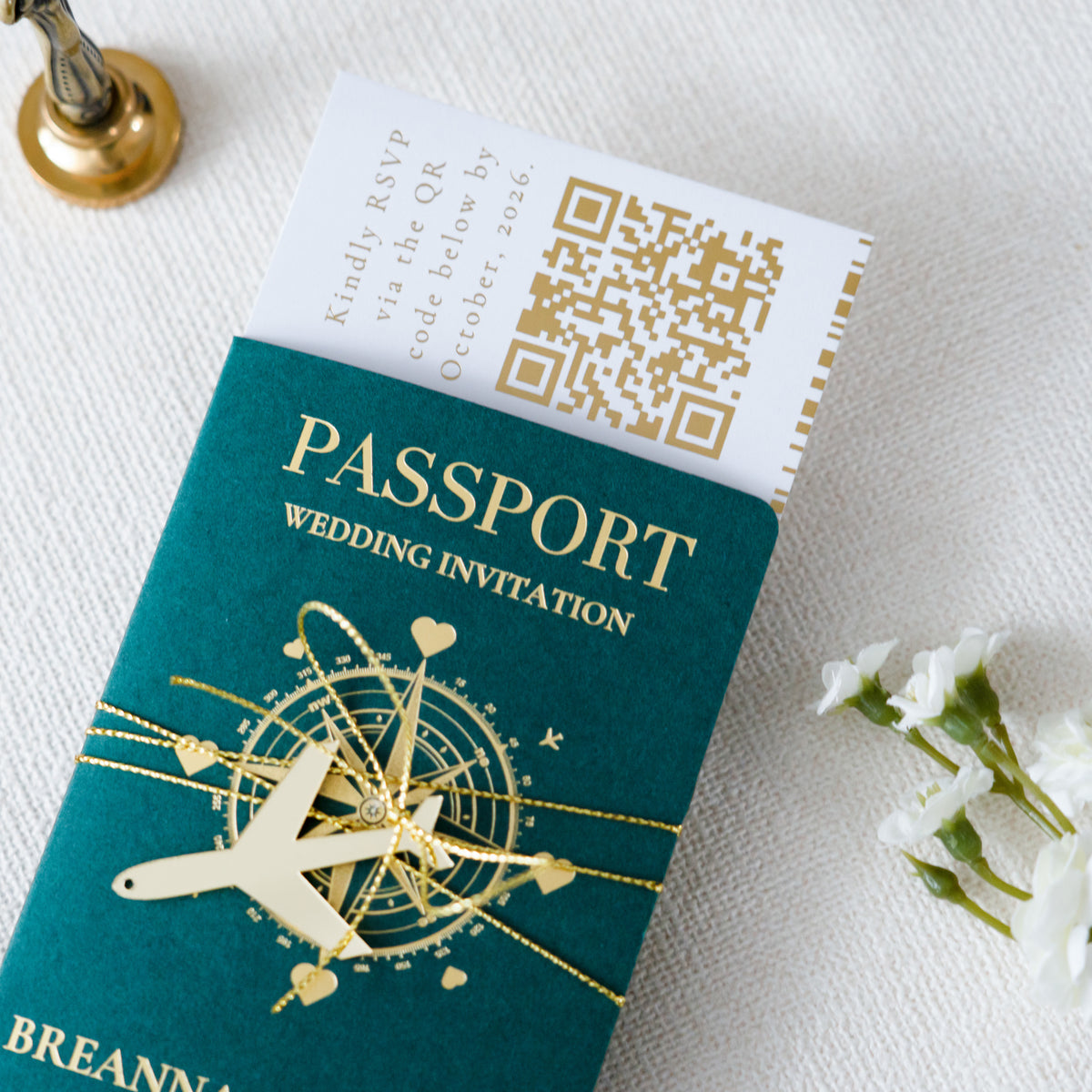 PONATIA Emerald Green Wedding Passport Invite in Pocket & Mirror Tag Passport Invitation Suite
