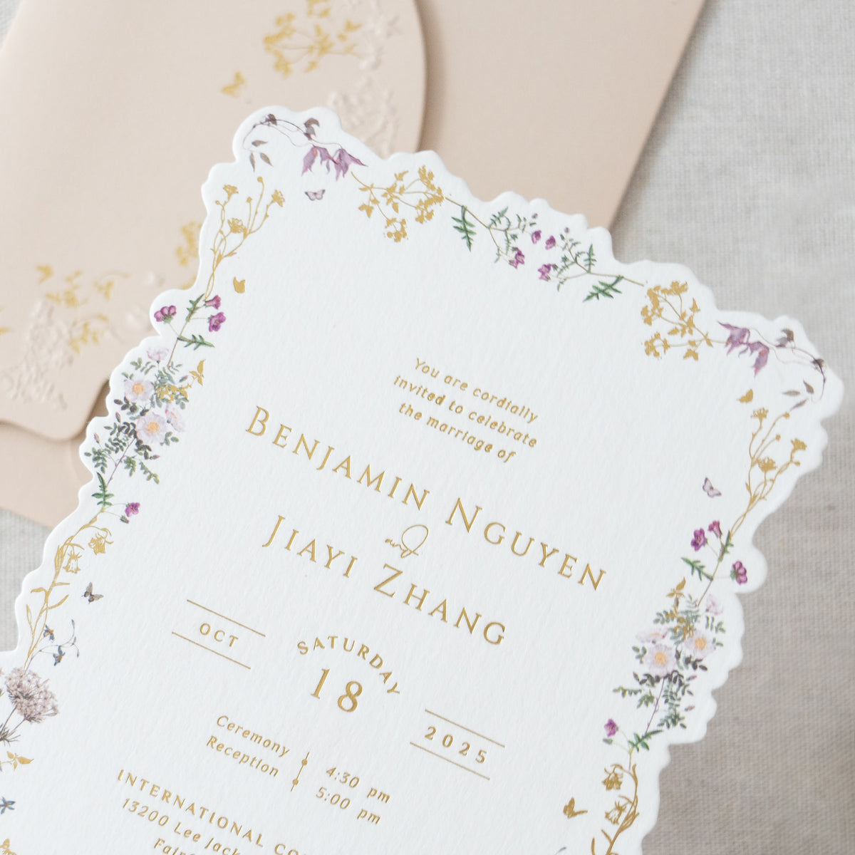 PONATIA Blush Pink Foil Print in Gold Liner Envelopes with Foil Print in Gold Floral Wedding Invitation Card