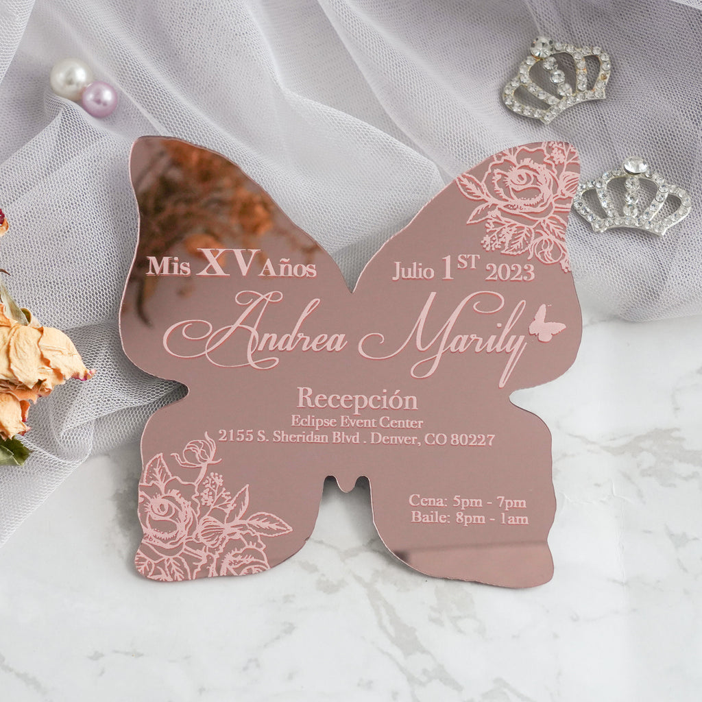 PONATIA XV Años Invitations, Rose Gold Butterfly Mirror Quinceañera Invitation Cards with Envelope-2mm/0.7"