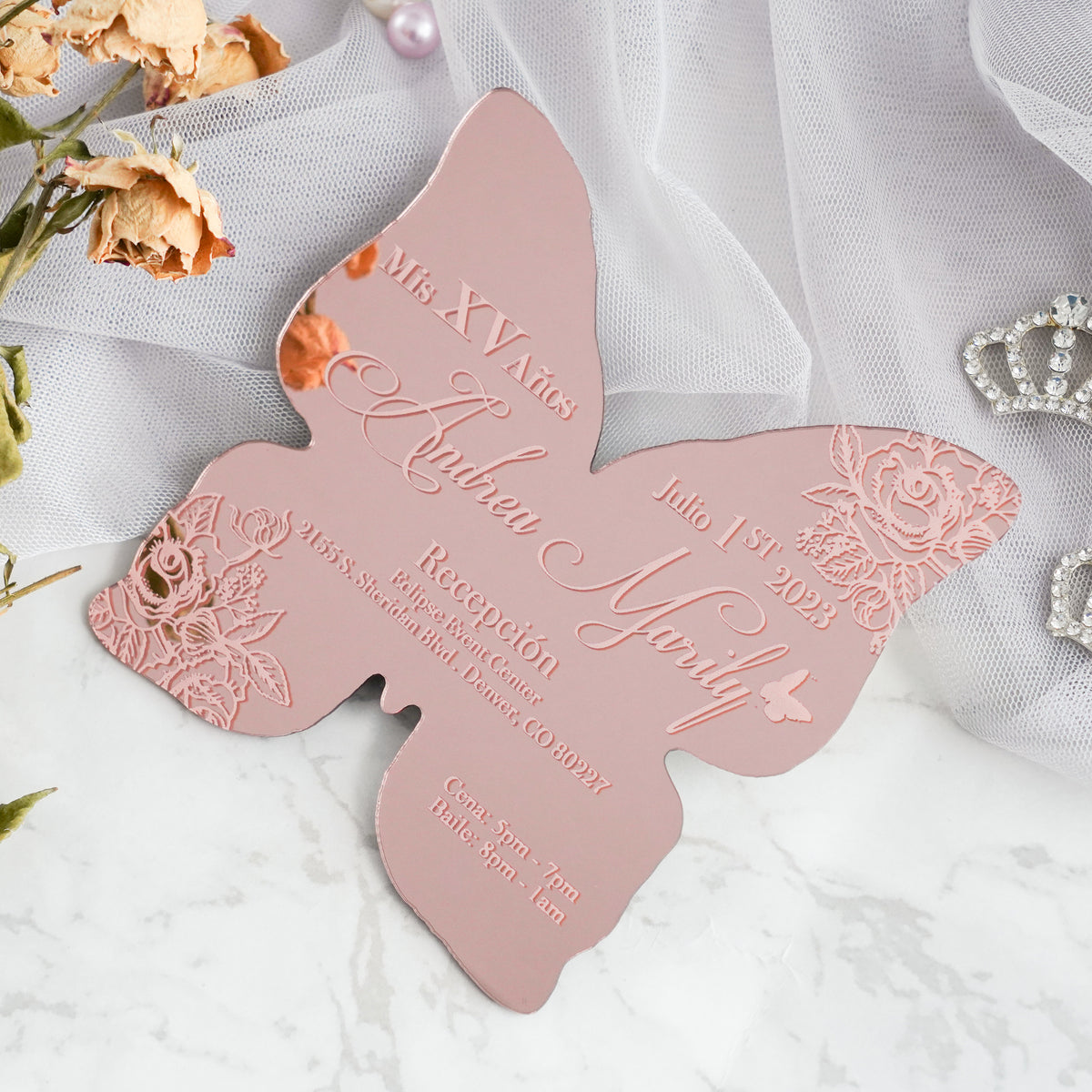 PONATIA XV Años Invitations, Rose Gold Butterfly Mirror Quinceañera Invitation Cards with Envelope-2mm/0.7"