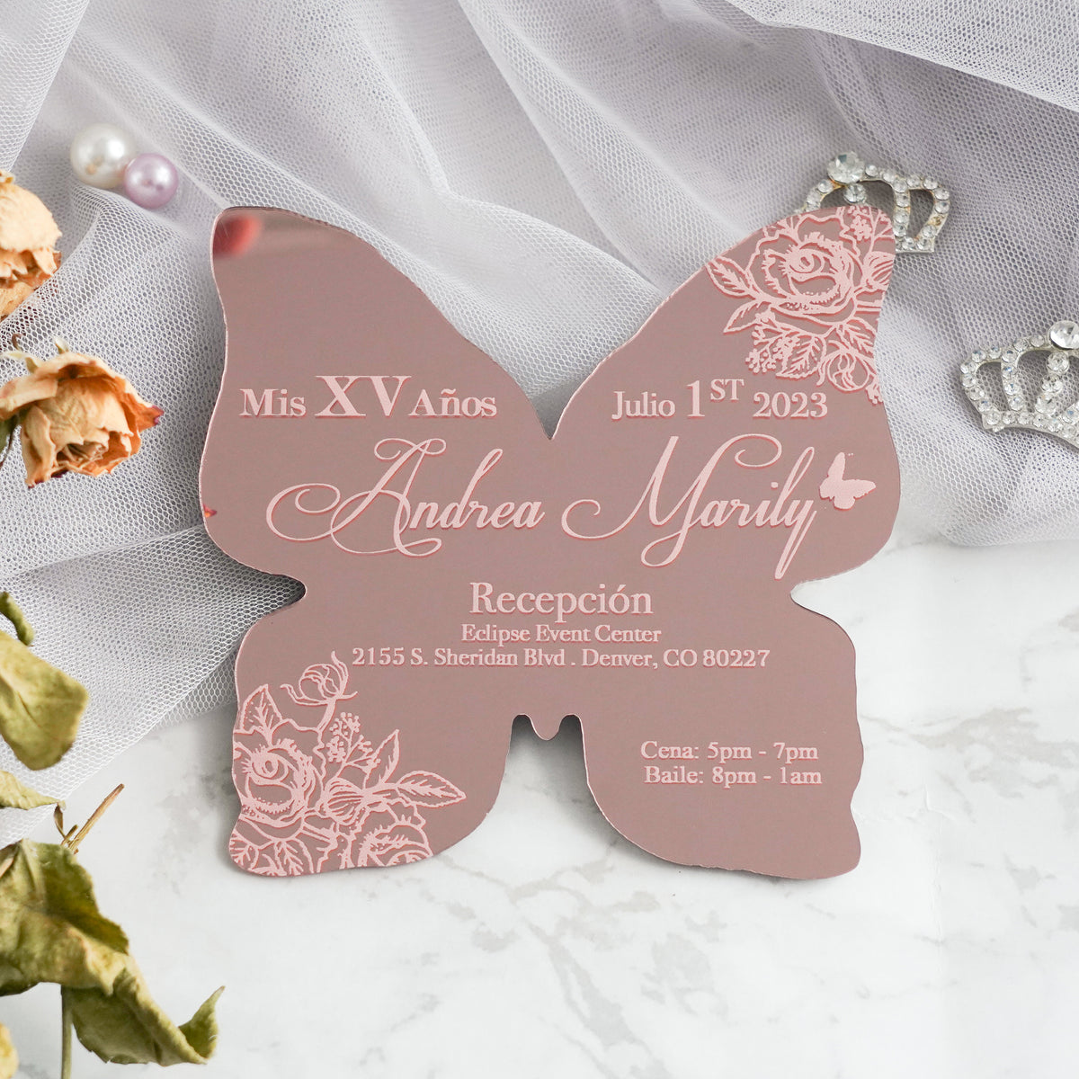 PONATIA XV Años Invitations, Rose Gold Butterfly Mirror Quinceañera Invitation Cards with Envelope-2mm/0.7"