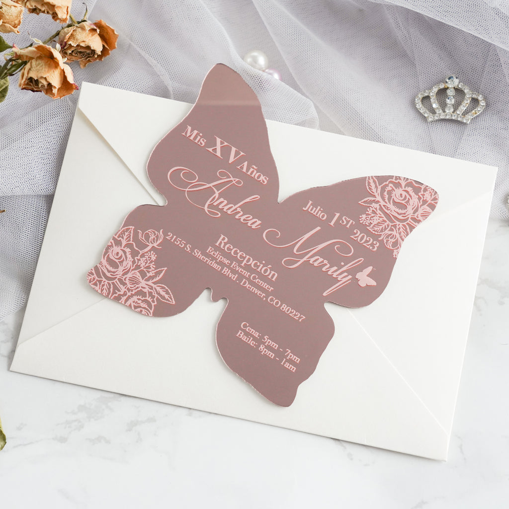 PONATIA XV Años Invitations, Rose Gold Butterfly Mirror Quinceañera Invitation Cards with Envelope-2mm/0.7"
