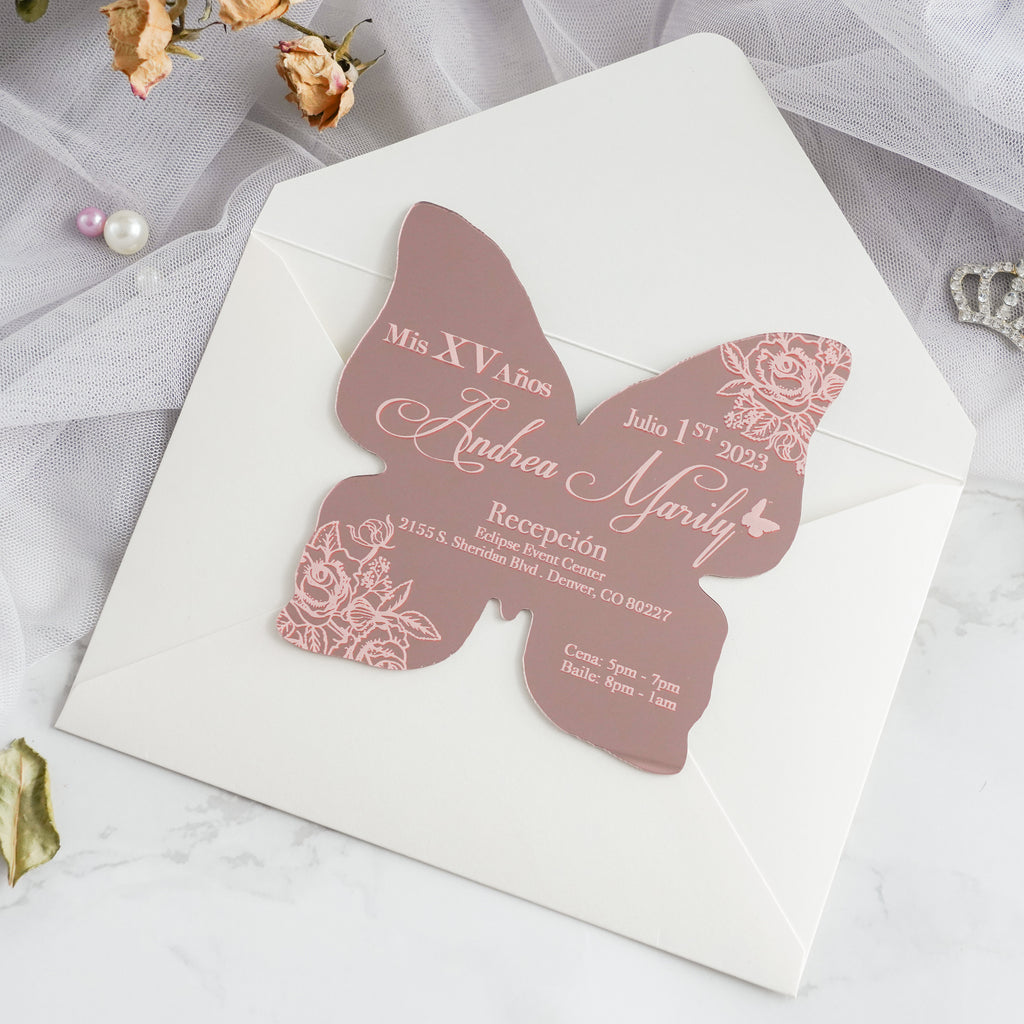 PONATIA XV Años Invitations, Rose Gold Butterfly Mirror Quinceañera Invitation Cards with Envelope-2mm/0.7"