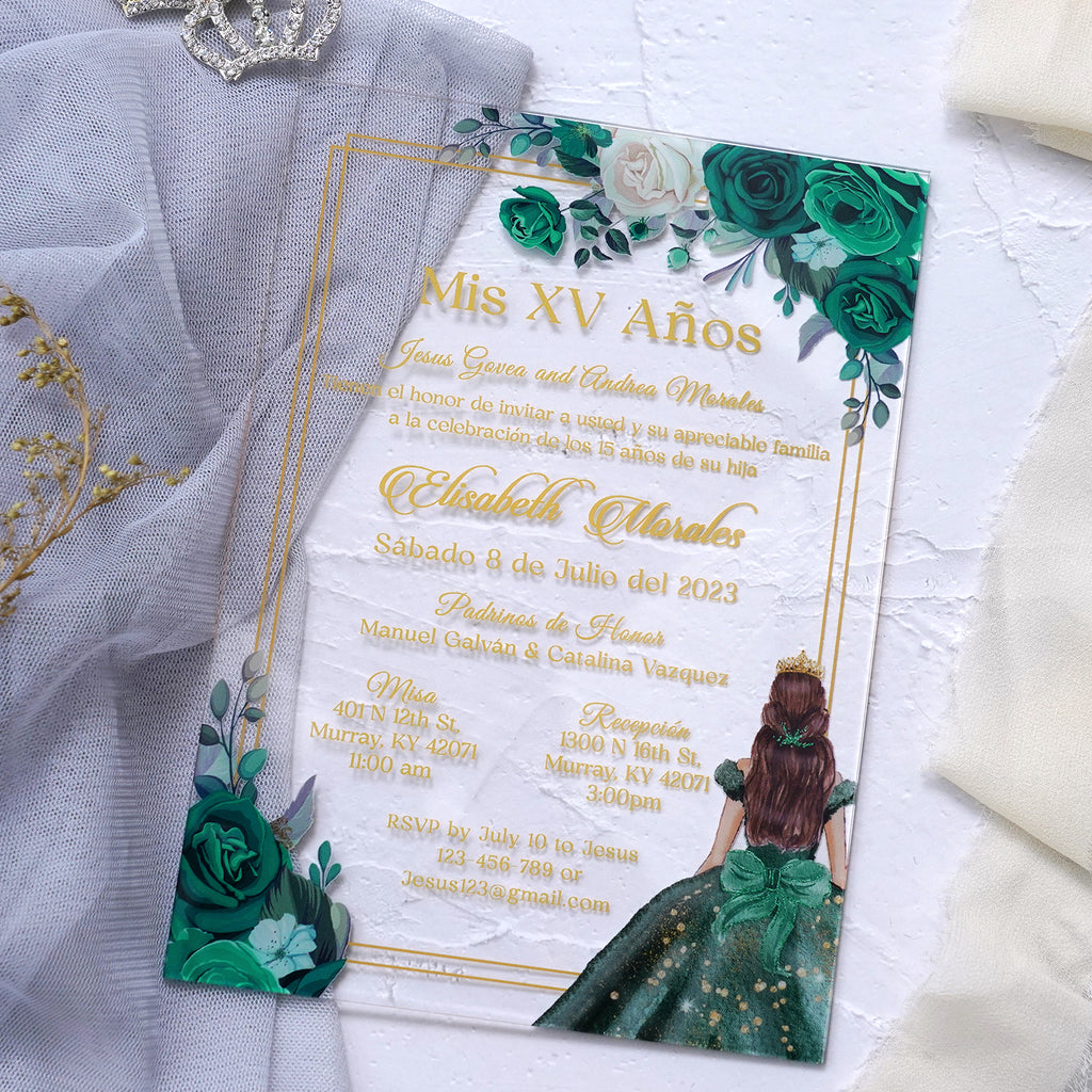 PONATIA 1mm/0.04" Emerald Green Acrylic Quinceanera Invitation Cards with Envelopes (EG029)