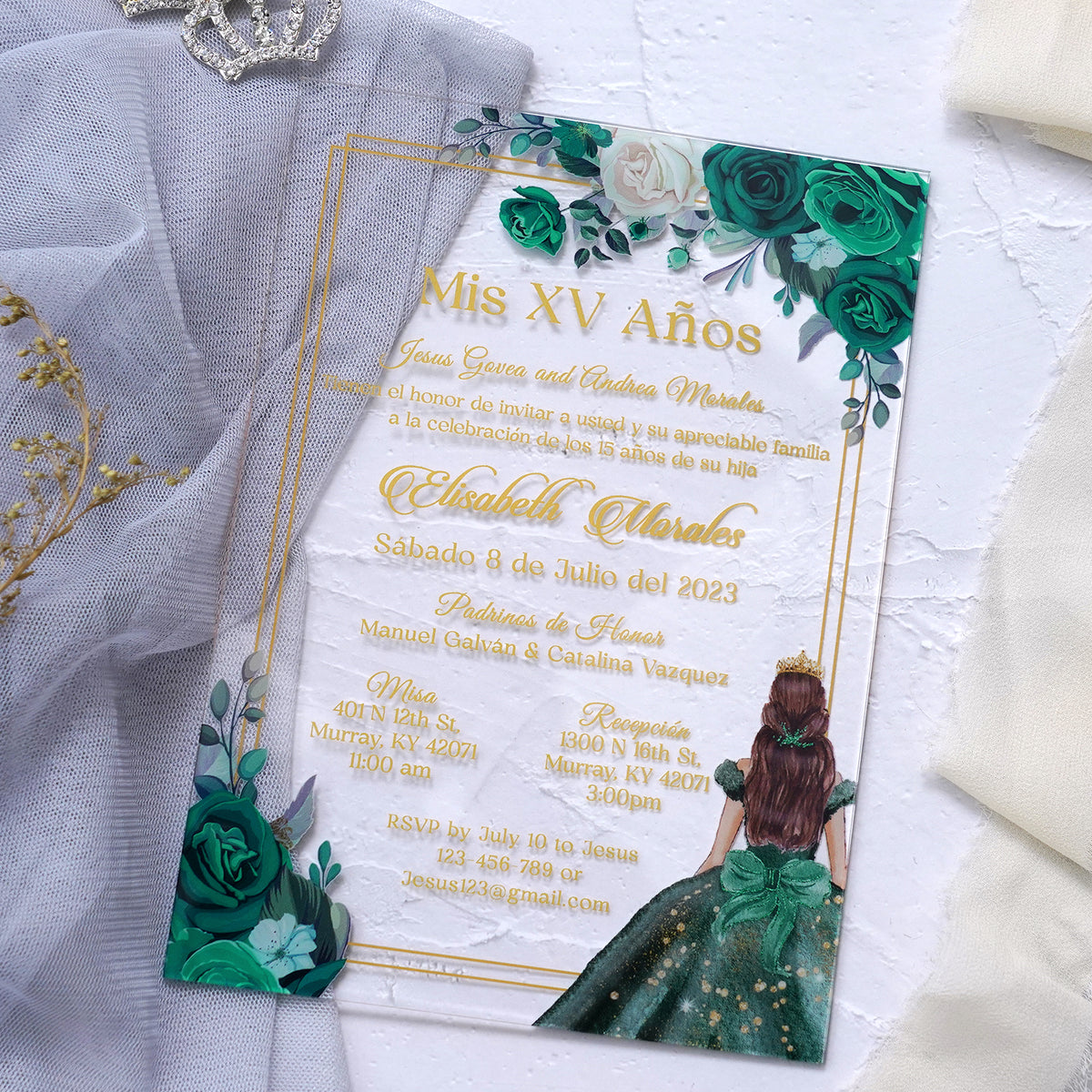PONATIA 1mm/0.04" Emerald Green Acrylic Quinceanera Invitation Cards with Envelopes (EG029)