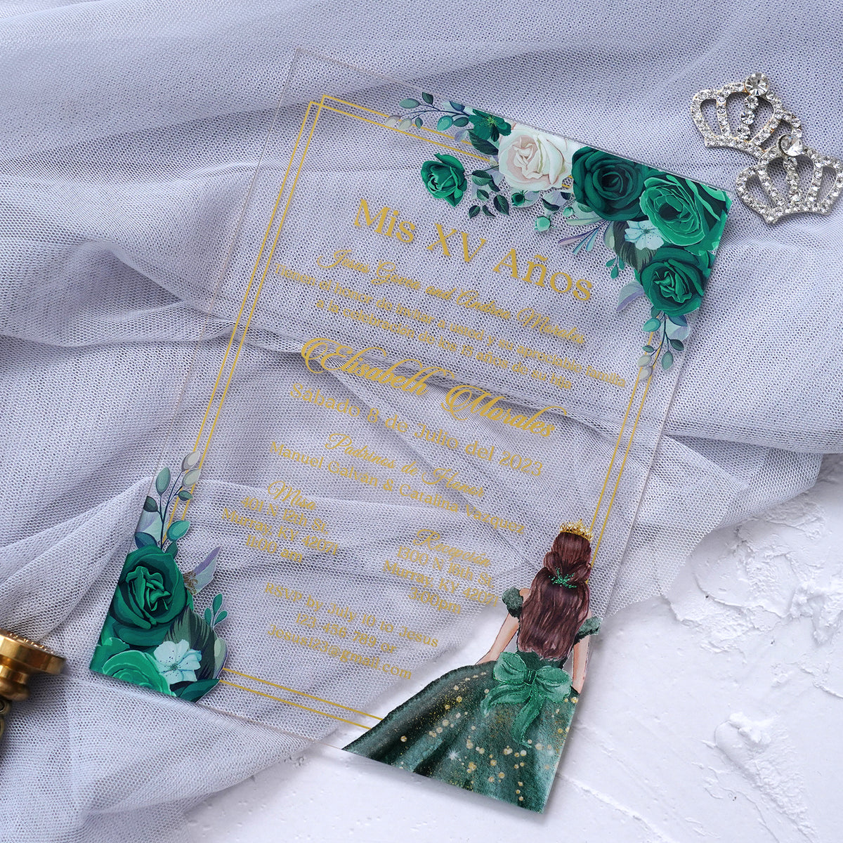 PONATIA 1mm/0.04" Emerald Green Acrylic Quinceanera Invitation Cards with Envelopes (EG029)