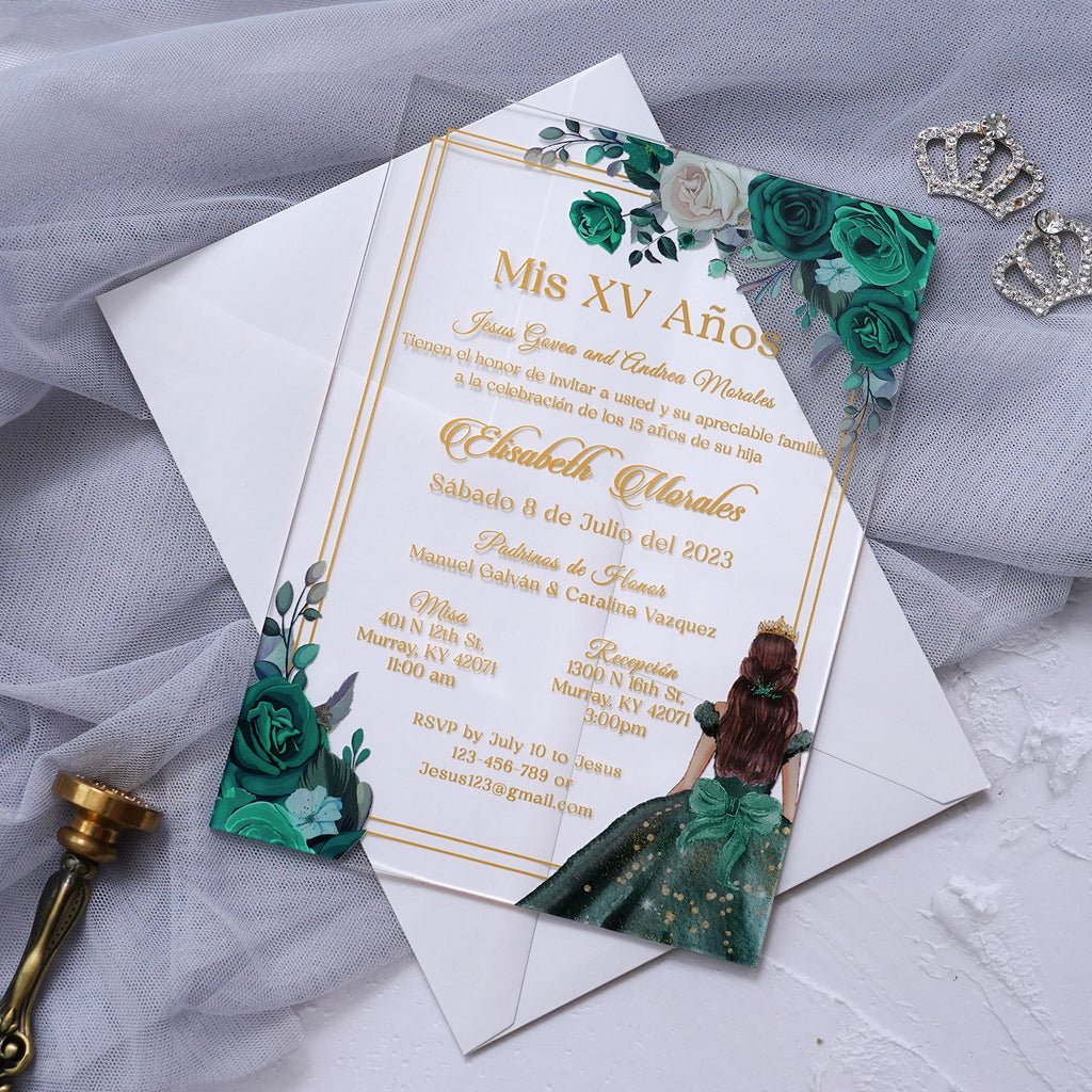 PONATIA 1mm/0.04" Emerald Green Acrylic Quinceanera Invitation Cards with Envelopes (EG029)