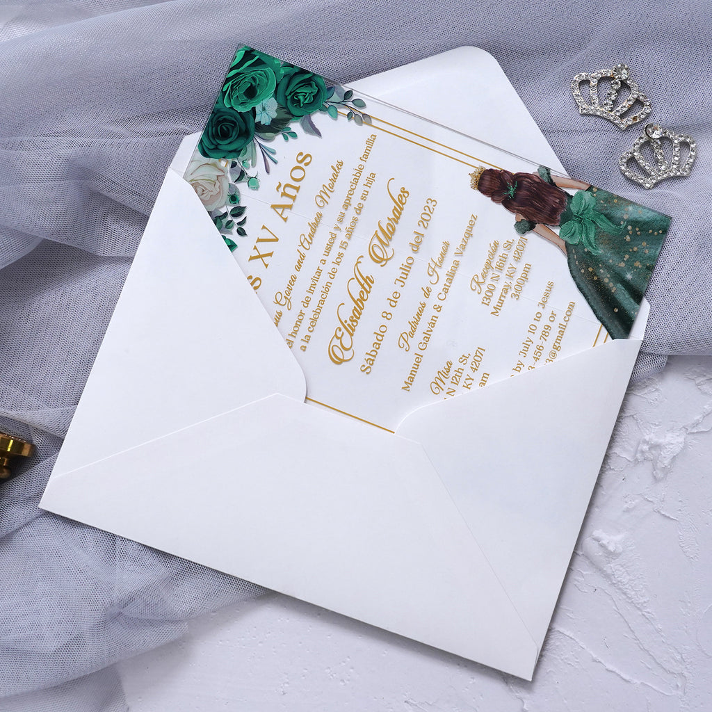 PONATIA 1mm/0.04" Emerald Green Acrylic Quinceanera Invitation Cards with Envelopes (EG029)