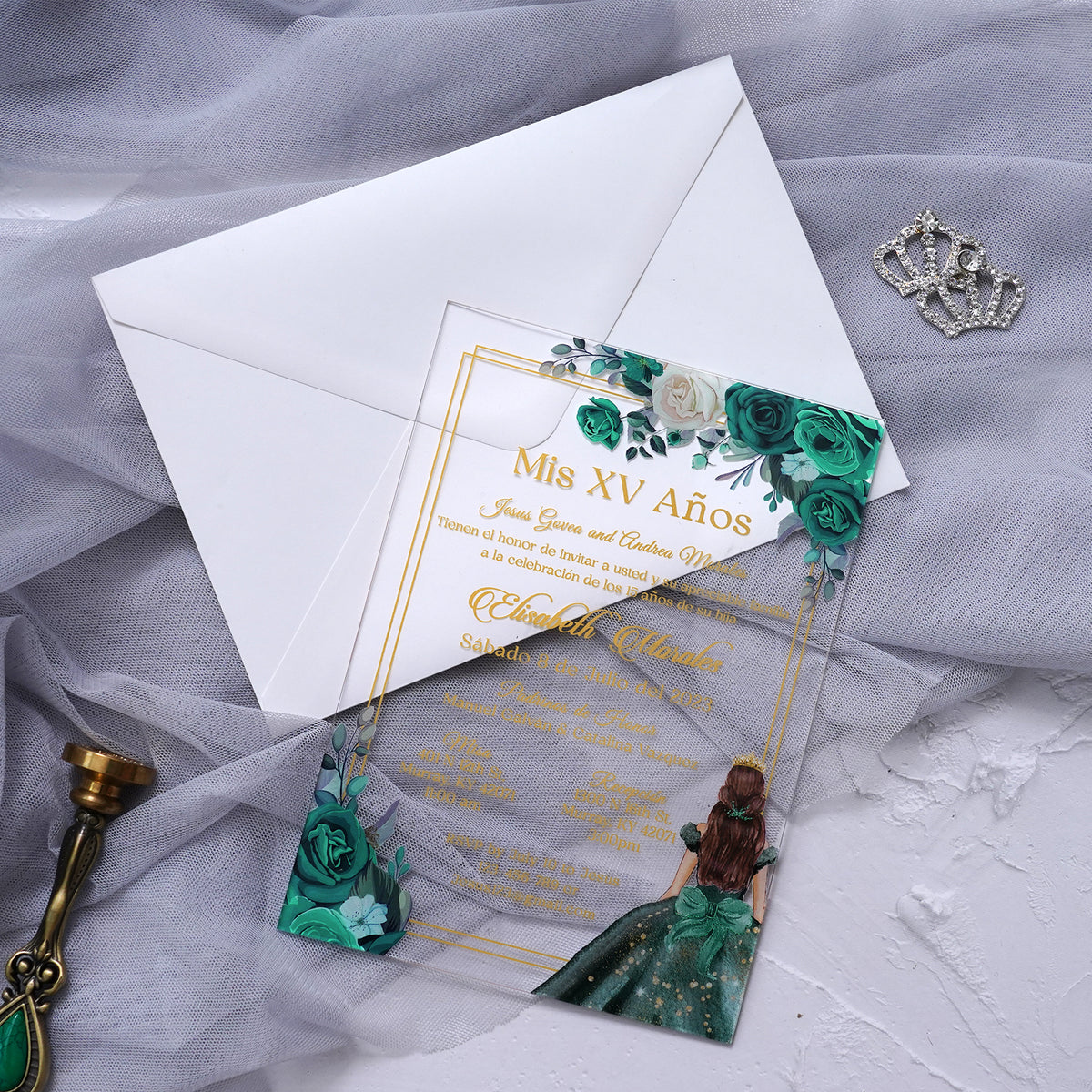 PONATIA 1mm/0.04" Emerald Green Acrylic Quinceanera Invitation Cards with Envelopes (EG029)