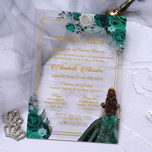 PONATIA 1mm/0.04" Emerald Green Acrylic Quinceanera Invitation Cards with Envelopes (EG029)