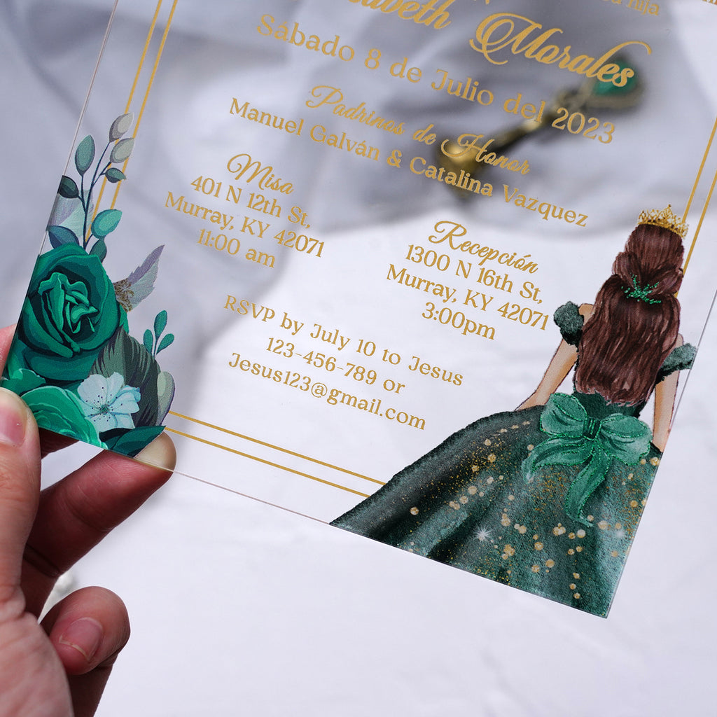 PONATIA 1mm/0.04" Emerald Green Acrylic Quinceanera Invitation Cards with Envelopes (EG029)