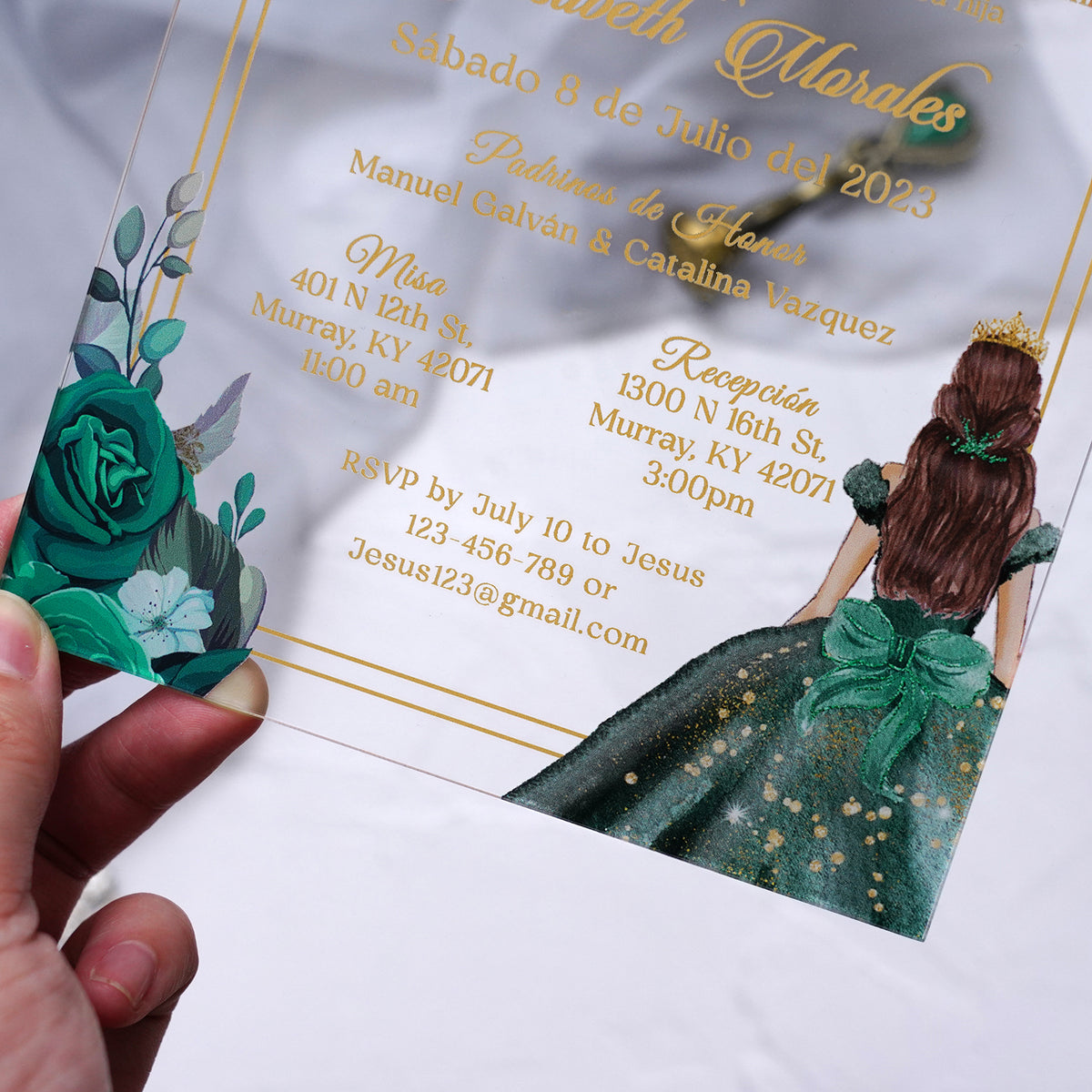 PONATIA 1mm/0.04" Emerald Green Acrylic Quinceanera Invitation Cards with Envelopes (EG029)