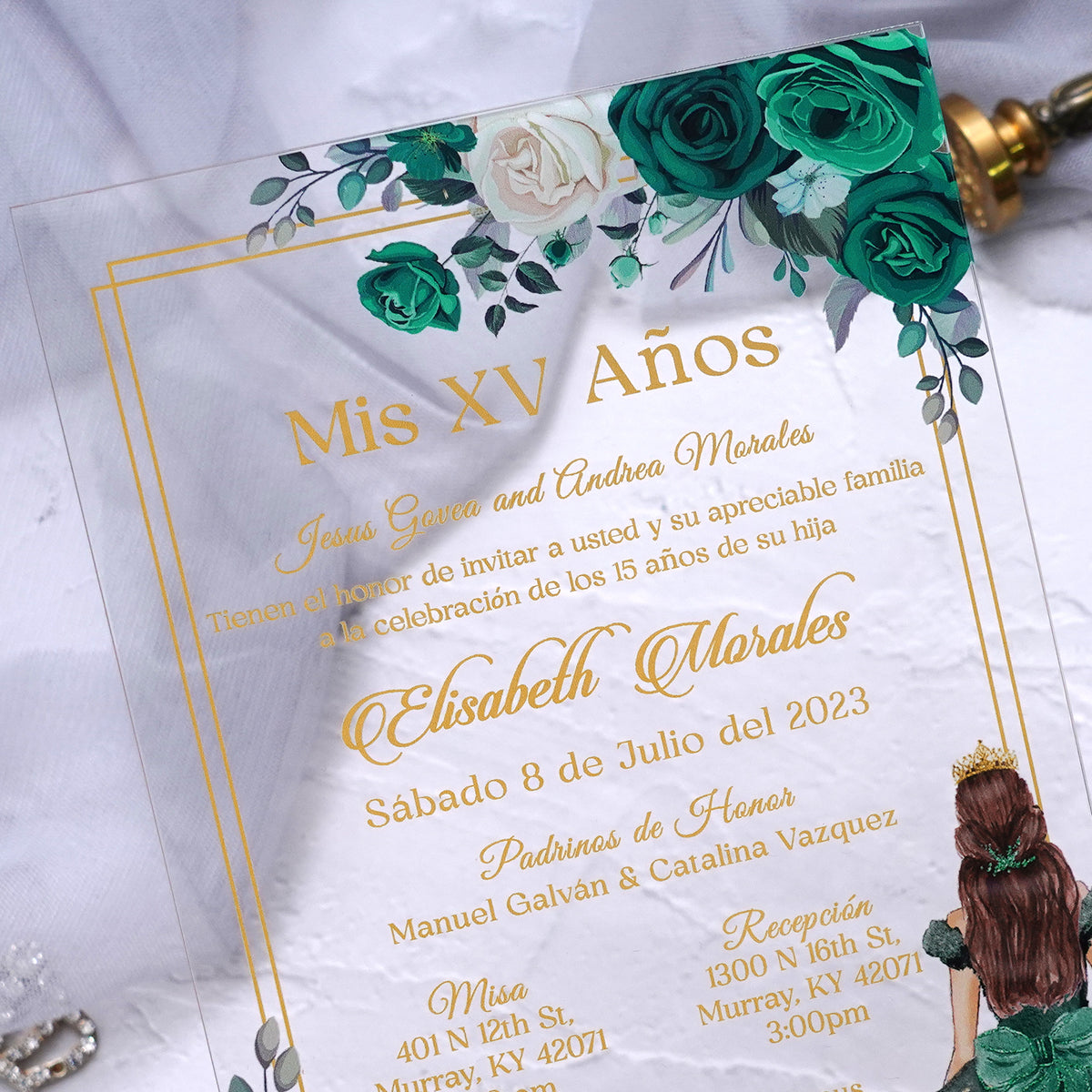 PONATIA 1mm/0.04" Emerald Green Acrylic Quinceanera Invitation Cards with Envelopes (EG029)