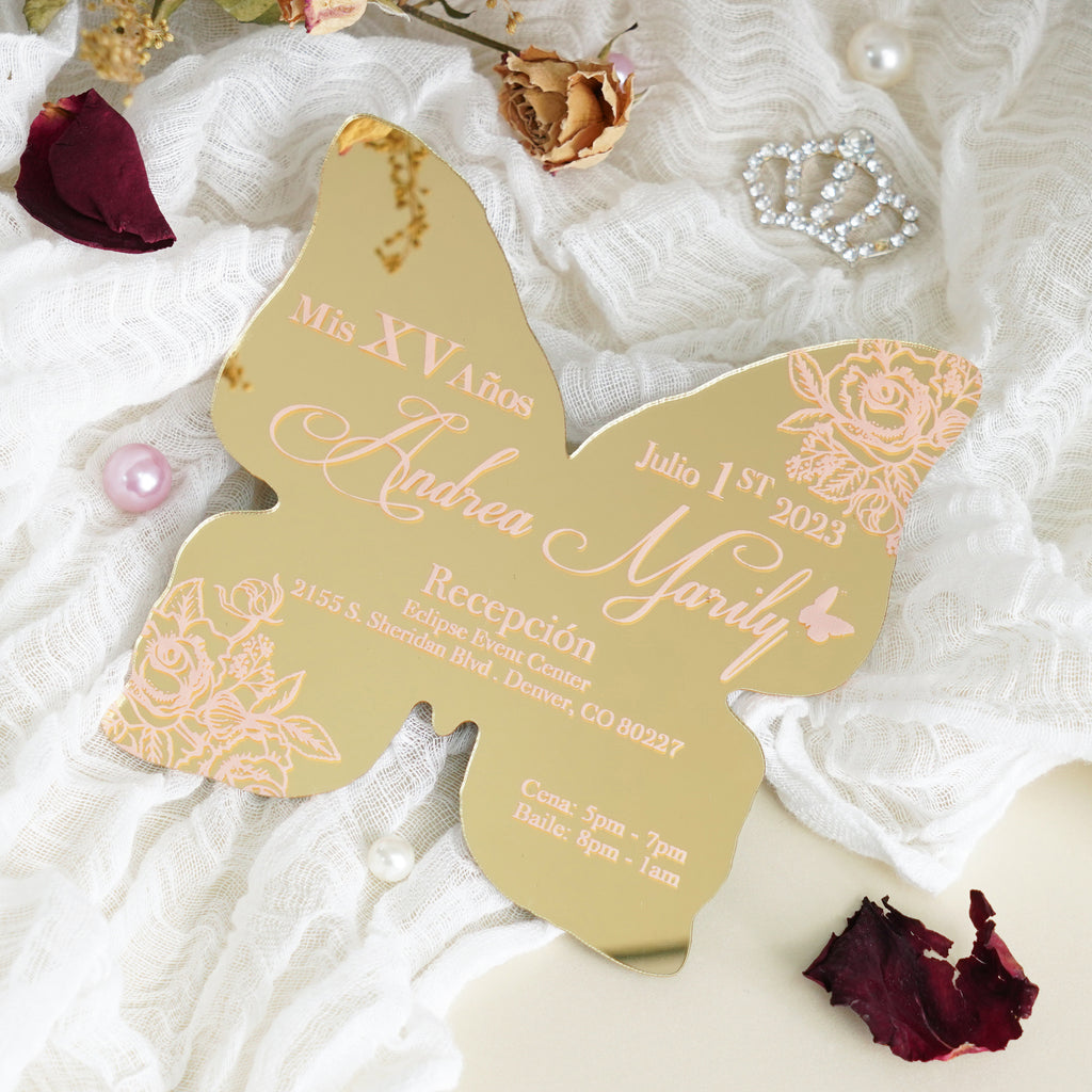 PONATIA XV Años Invitations, Gold Butterfly Mirror Quinceañera Invitation Cards with Envelope-2mm/0.7"