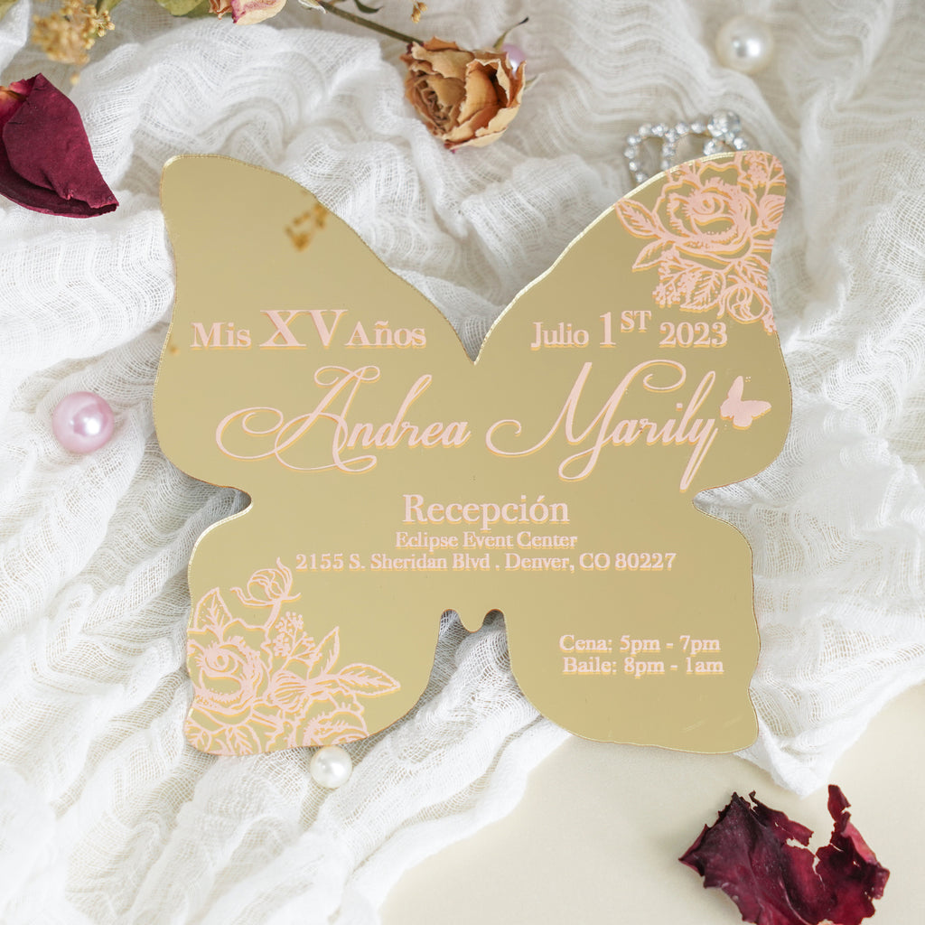PONATIA XV Años Invitations, Gold Butterfly Mirror Quinceañera Invitation Cards with Envelope-2mm/0.7"