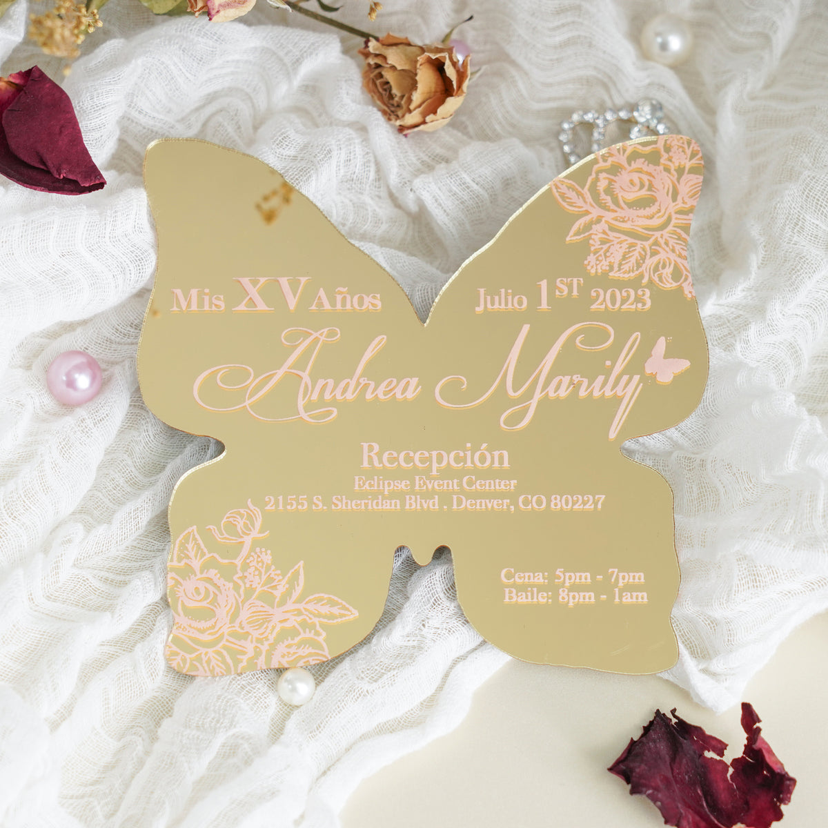 PONATIA XV Años Invitations, Gold Butterfly Mirror Quinceañera Invitation Cards with Envelope-2mm/0.7"
