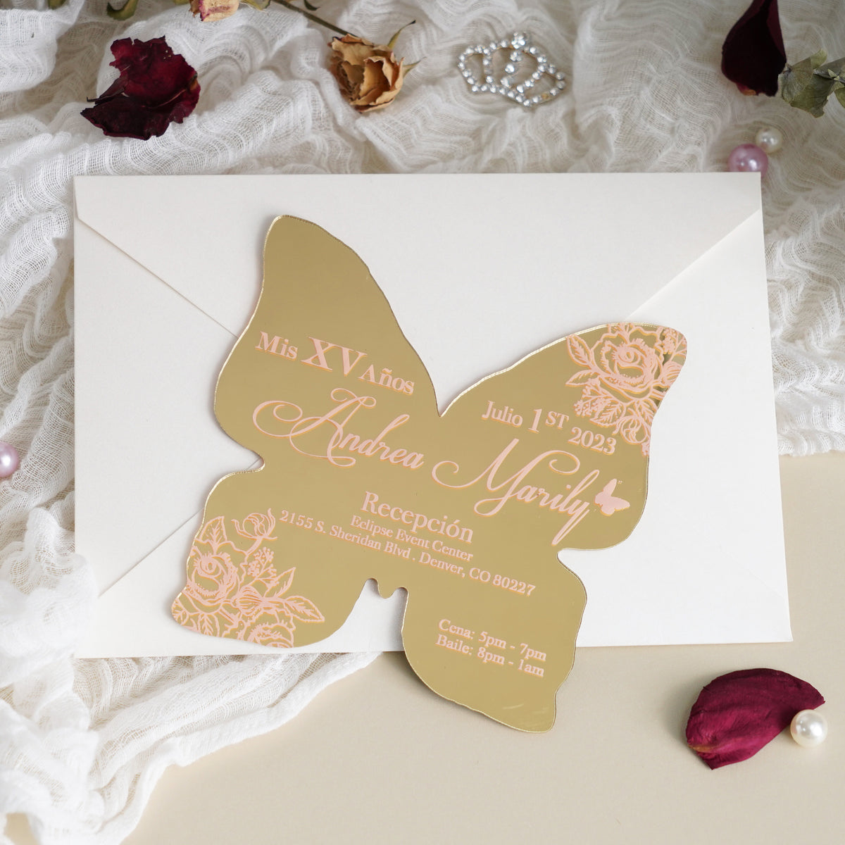 PONATIA XV Años Invitations, Gold Butterfly Mirror Quinceañera Invitation Cards with Envelope-2mm/0.7"