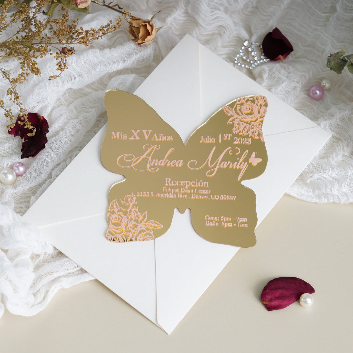 PONATIA XV Años Invitations, Gold Butterfly Mirror Quinceañera Invitation Cards with Envelope-2mm/0.7"