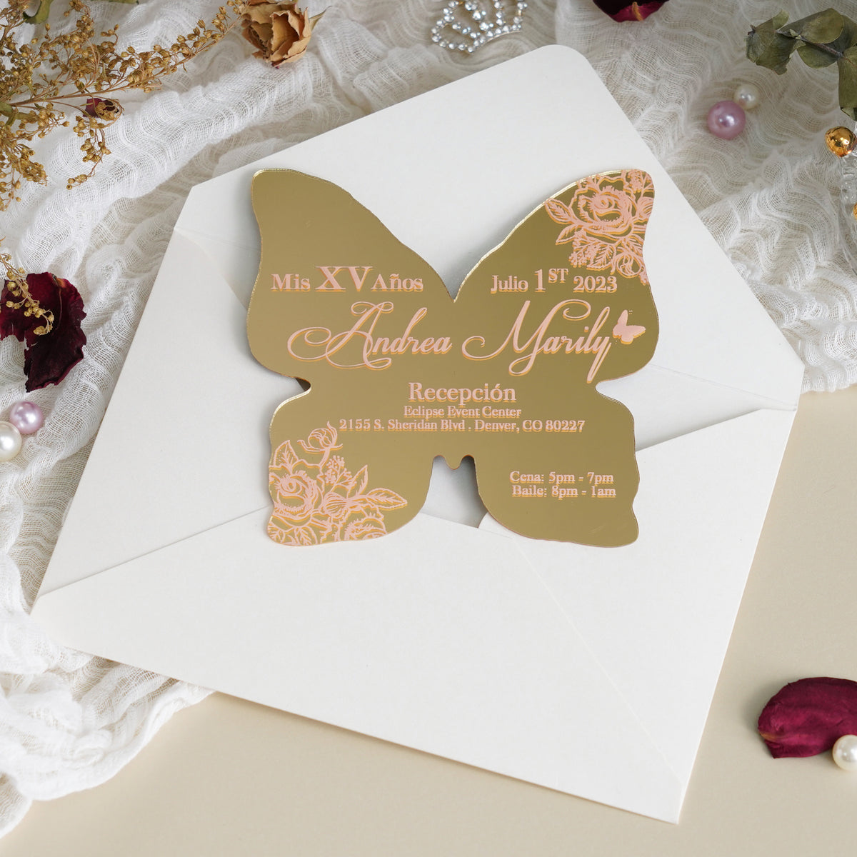 PONATIA XV Años Invitations, Gold Butterfly Mirror Quinceañera Invitation Cards with Envelope-2mm/0.7"