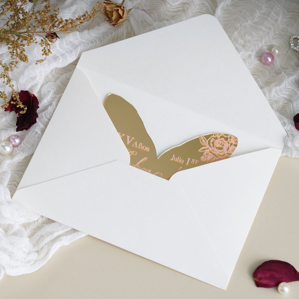 PONATIA XV Años Invitations, Gold Butterfly Mirror Quinceañera Invitation Cards with Envelope-2mm/0.7"