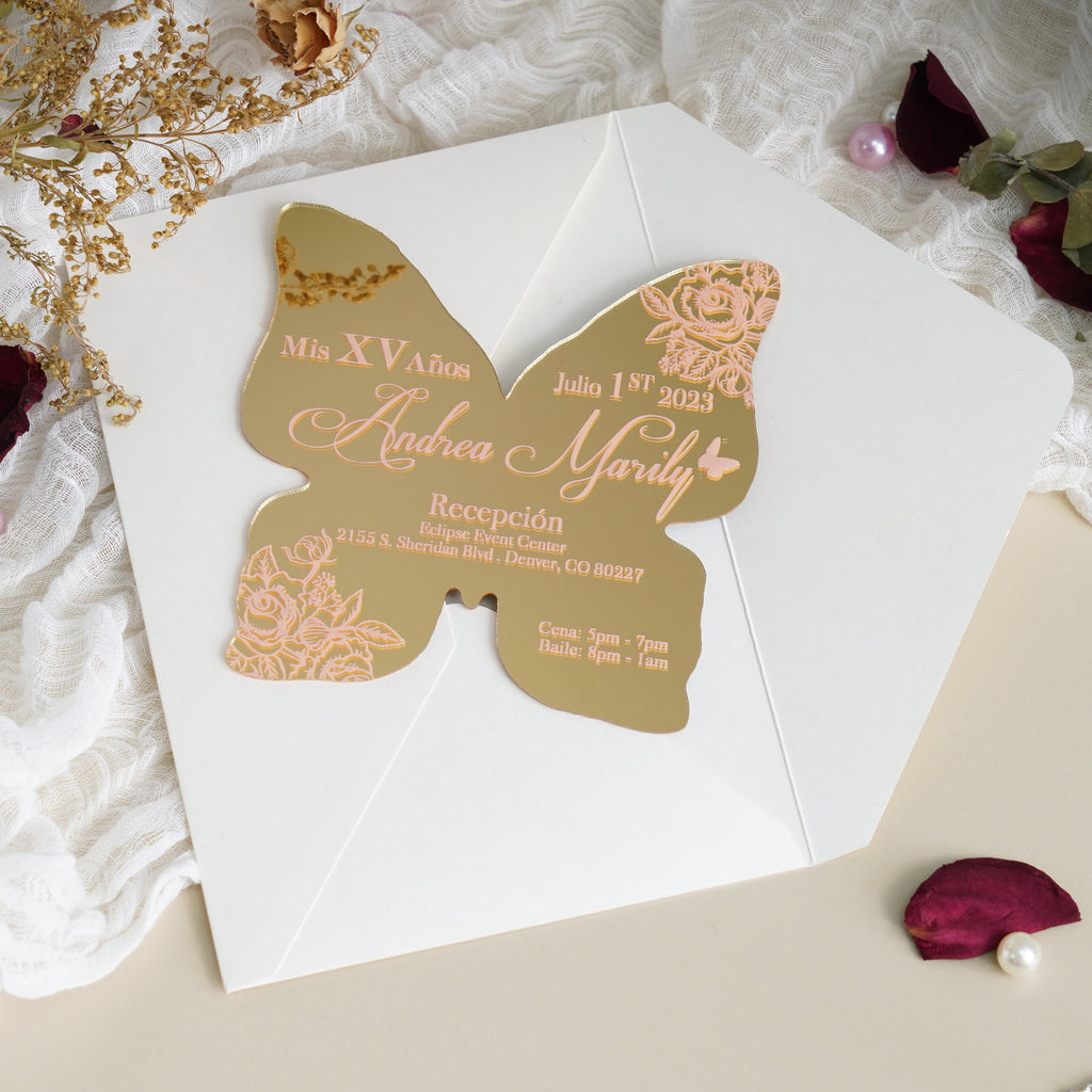 PONATIA XV Años Invitations, Gold Butterfly Mirror Quinceañera Invitation Cards with Envelope-2mm/0.7"