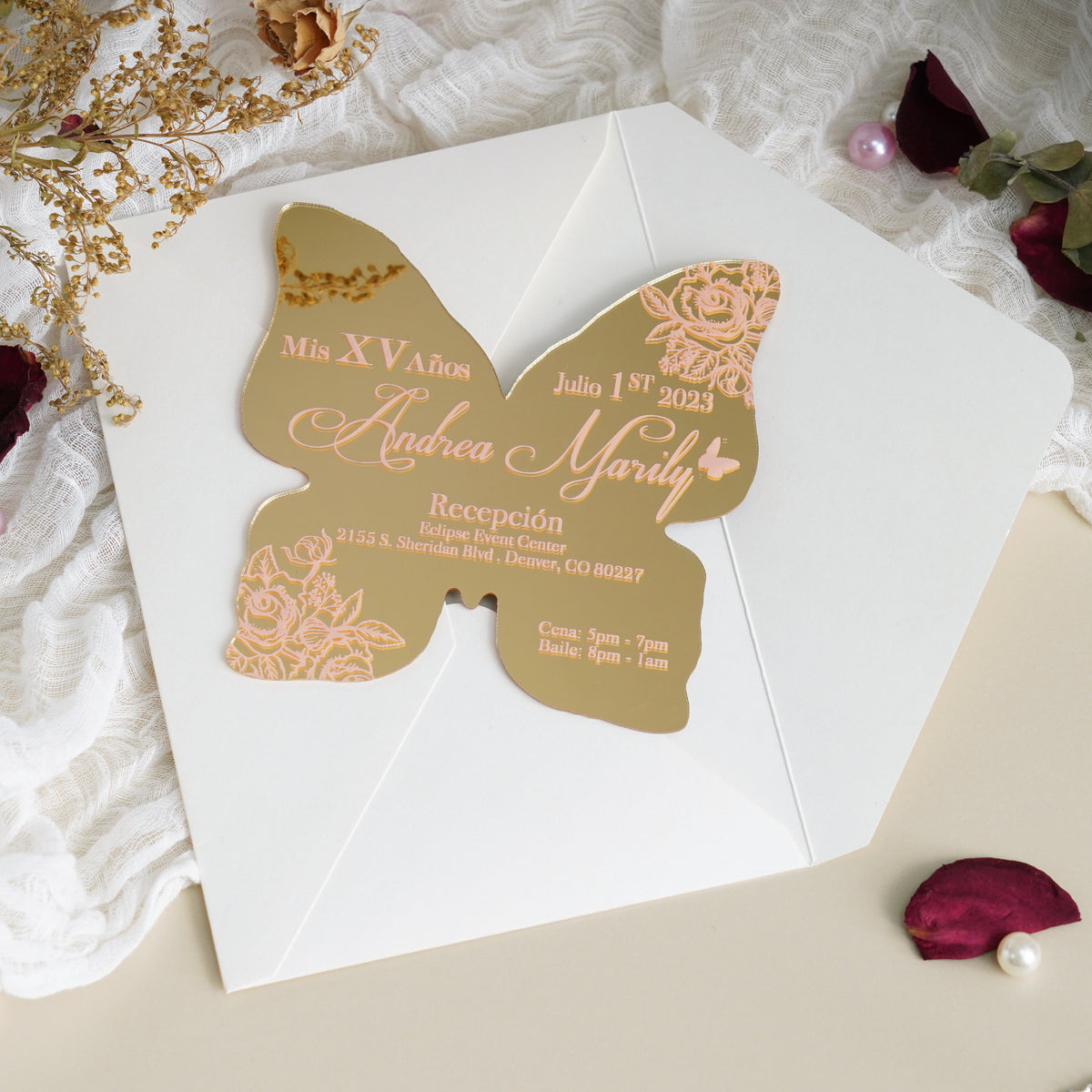 PONATIA XV Años Invitations, Gold Butterfly Mirror Quinceañera Invitation Cards with Envelope-2mm/0.7"