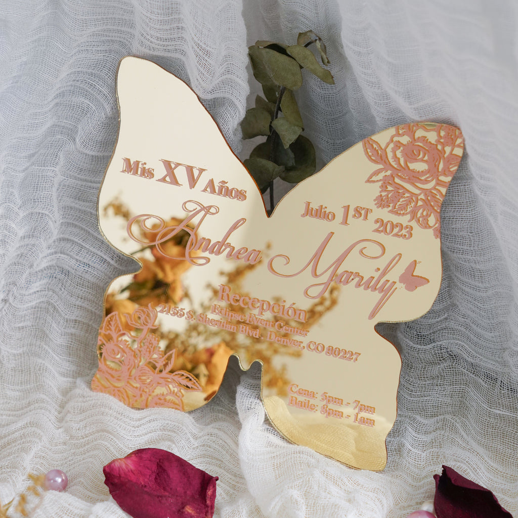 PONATIA XV Años Invitations, Gold Butterfly Mirror Quinceañera Invitation Cards with Envelope-2mm/0.7"