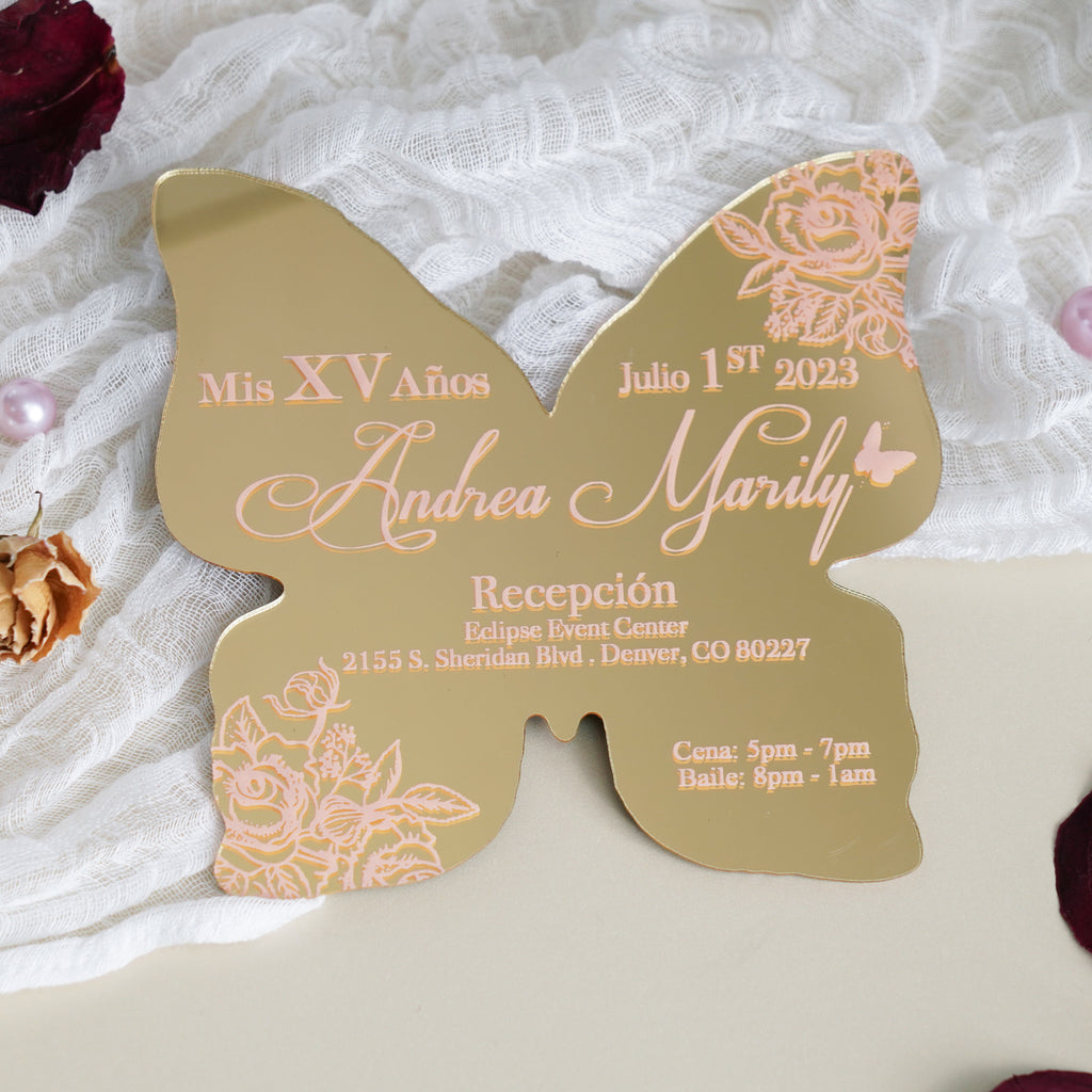 PONATIA XV Años Invitations, Gold Butterfly Mirror Quinceañera Invitation Cards with Envelope-2mm/0.7"