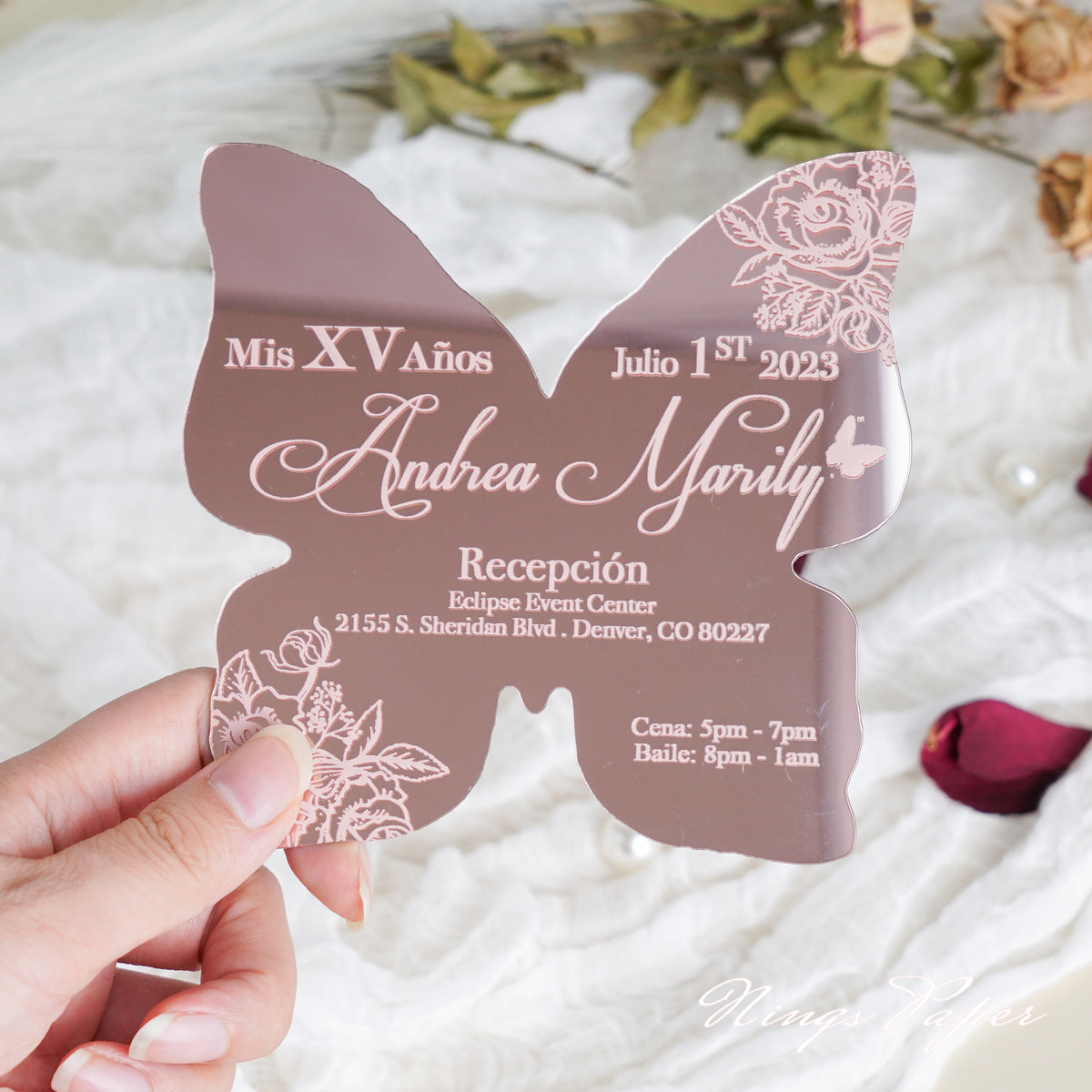 PONATIA XV Años Invitations, Rose Gold Butterfly Mirror Quinceañera Invitation Cards with Envelope-2mm/0.7"