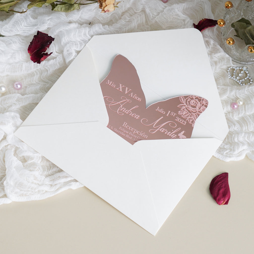 PONATIA XV Años Invitations, Rose Gold Butterfly Mirror Quinceañera Invitation Cards with Envelope-2mm/0.7"