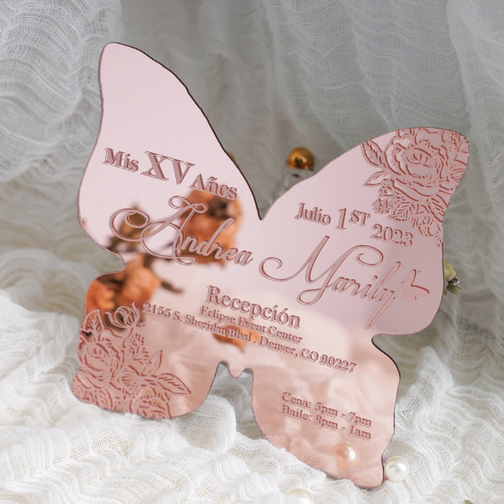 PONATIA XV Años Invitations, Rose Gold Butterfly Mirror Quinceañera Invitation Cards with Envelope-2mm/0.7"