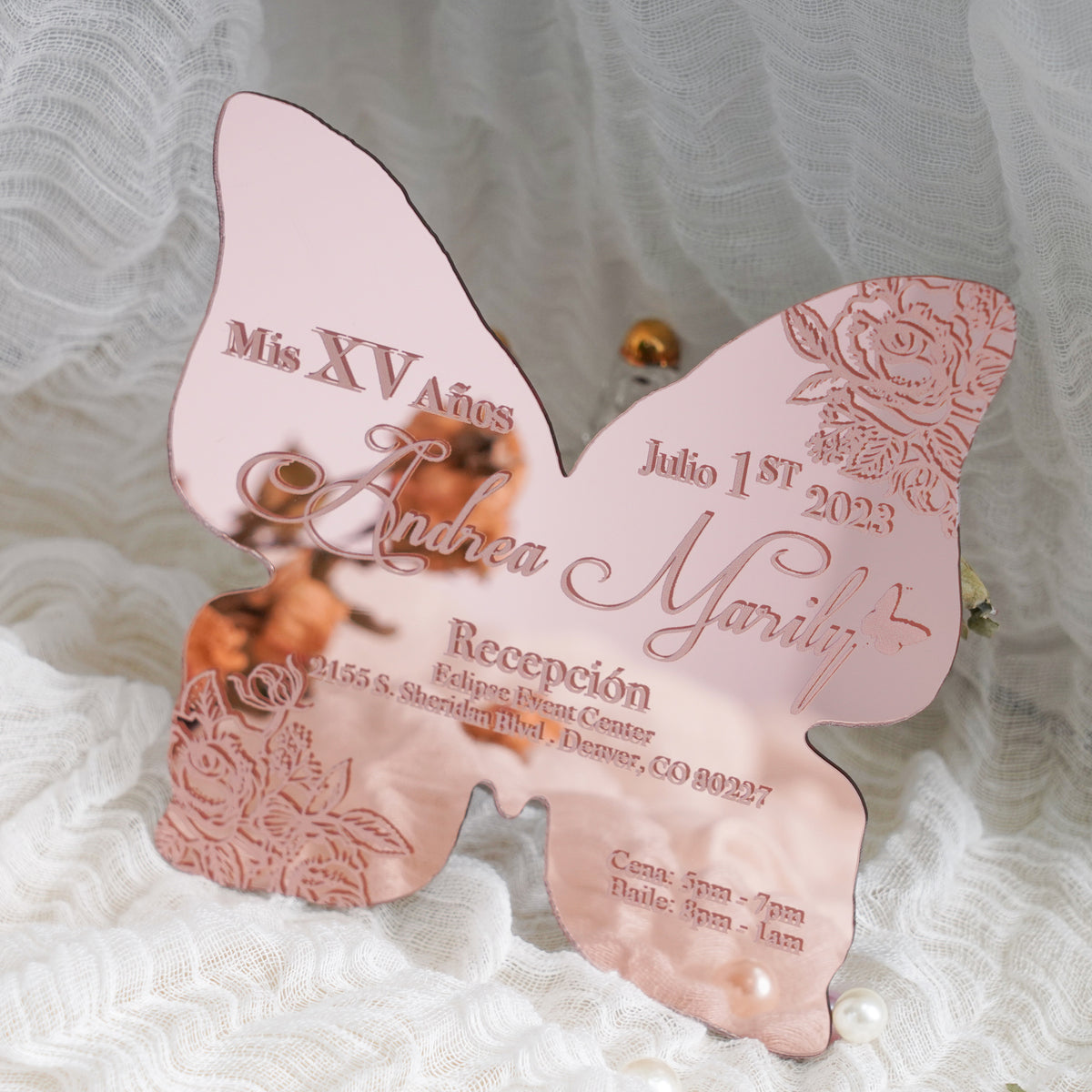 PONATIA XV Años Invitations, Rose Gold Butterfly Mirror Quinceañera Invitation Cards with Envelope-2mm/0.7"