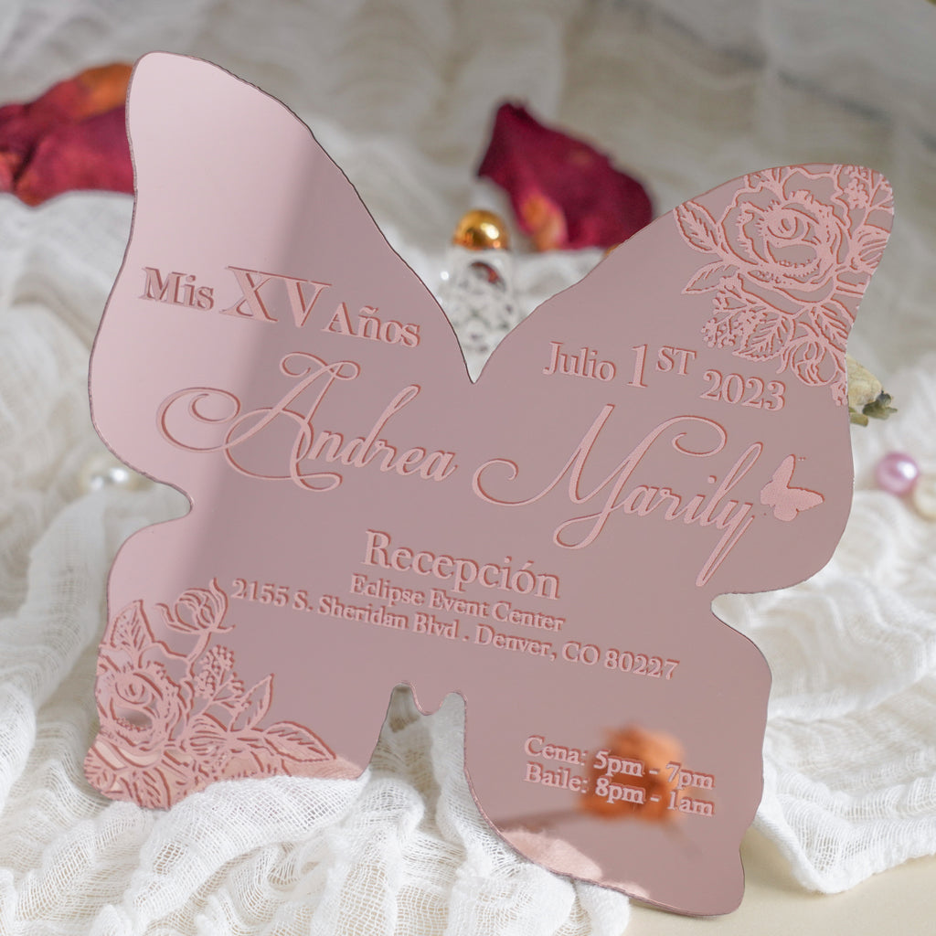 PONATIA XV Años Invitations, Rose Gold Butterfly Mirror Quinceañera Invitation Cards with Envelope-2mm/0.7"