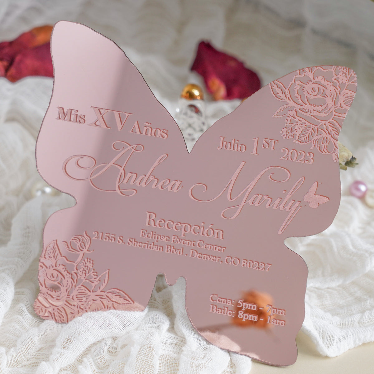 PONATIA XV Años Invitations, Rose Gold Butterfly Mirror Quinceañera Invitation Cards with Envelope-2mm/0.7"