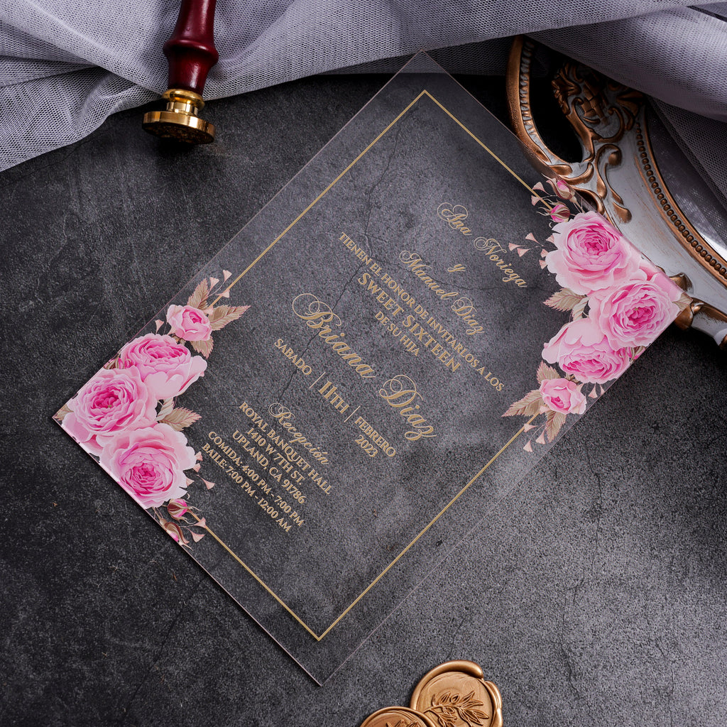 PONATIA 1mm/0.04" Pink Clear Acrylic Quinceanera Invitation Cards with Envelopes