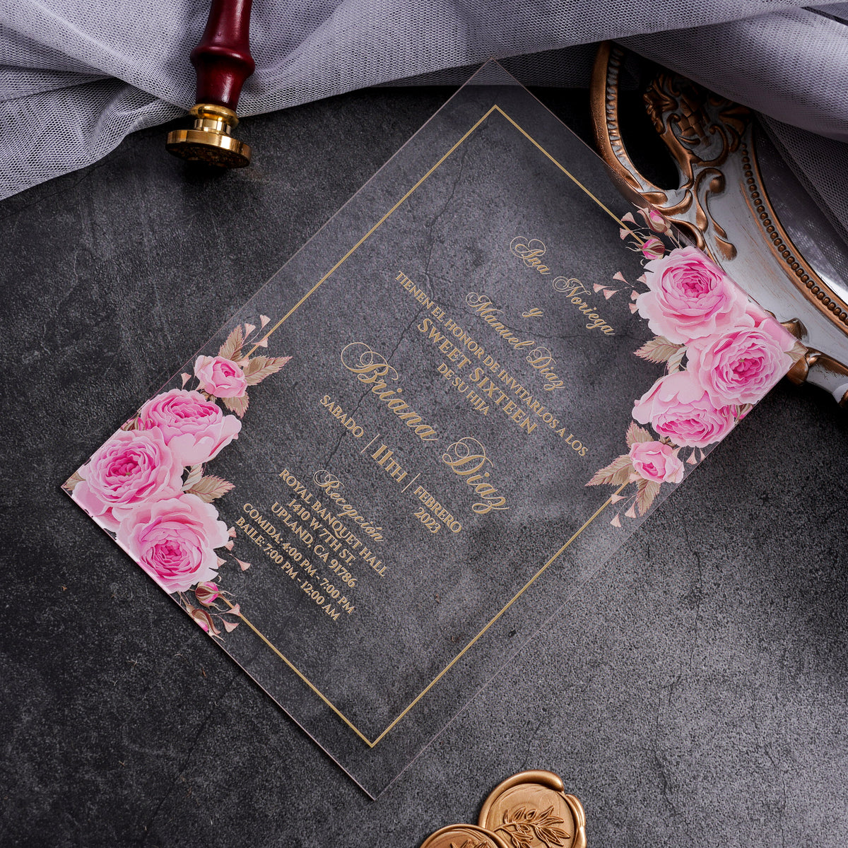 PONATIA 1mm/0.04" Pink Clear Acrylic Quinceanera Invitation Cards with Envelopes