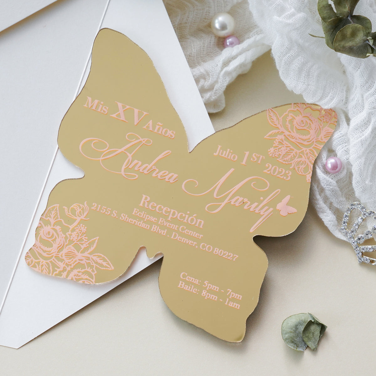 PONATIA XV Años Invitations, Gold Butterfly Mirror Quinceañera Invitation Cards with Envelope-2mm/0.7"