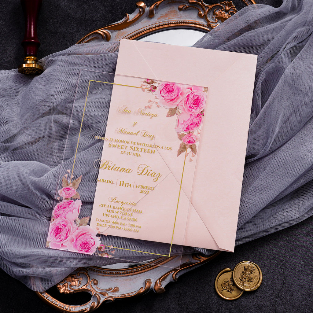 PONATIA 1mm/0.04" Pink Clear Acrylic Quinceanera Invitation Cards with Envelopes
