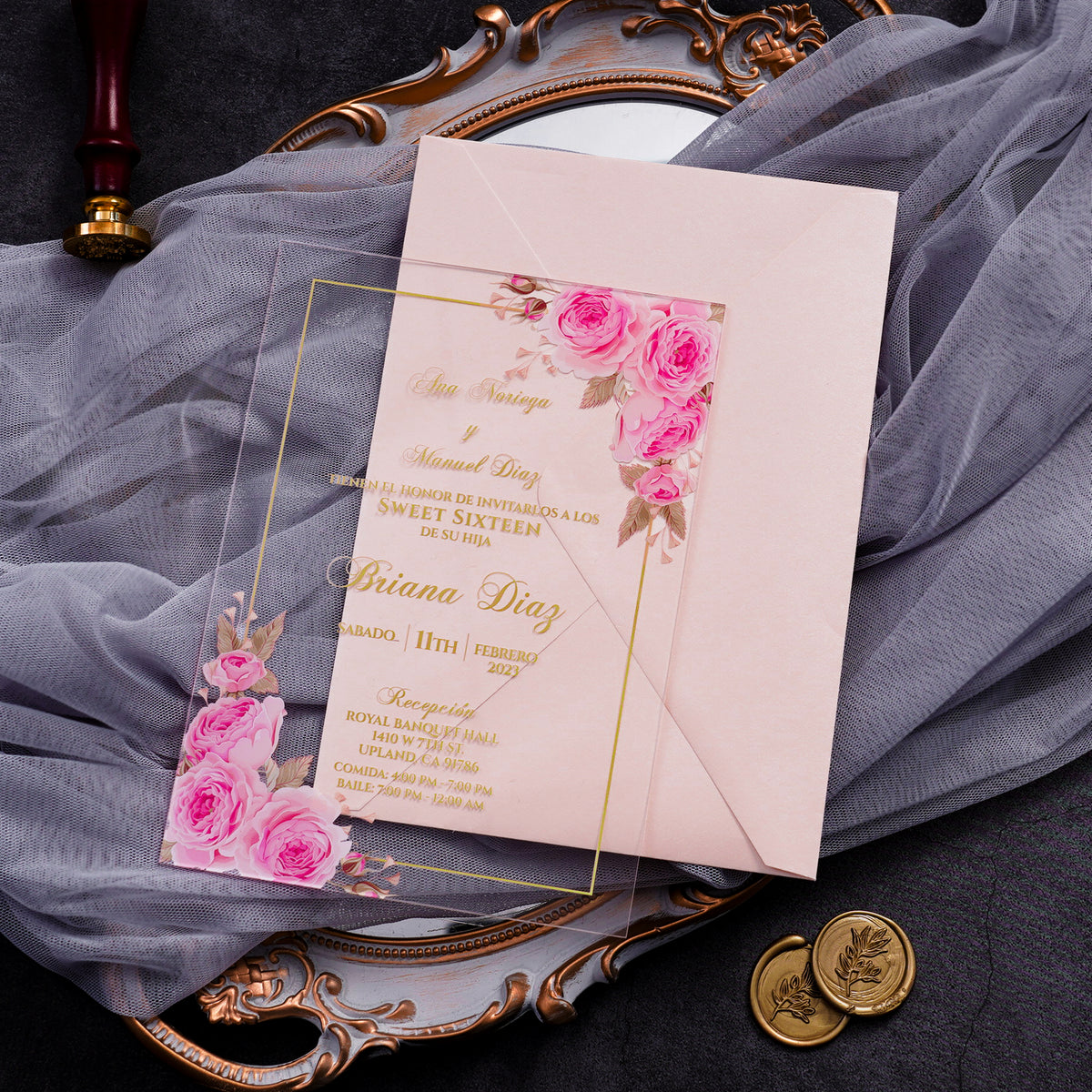 PONATIA 1mm/0.04" Pink Clear Acrylic Quinceanera Invitation Cards with Envelopes