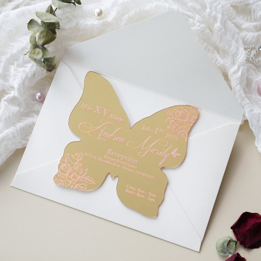 PONATIA XV Años Invitations, Gold Butterfly Mirror Quinceañera Invitation Cards with Envelope-2mm/0.7"