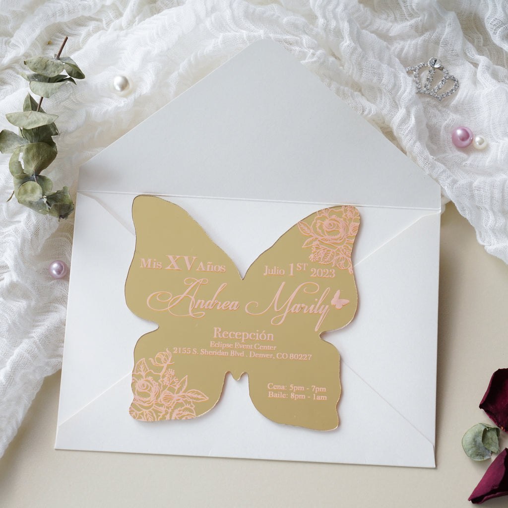 PONATIA XV Años Invitations, Gold Butterfly Mirror Quinceañera Invitation Cards with Envelope-2mm/0.7"