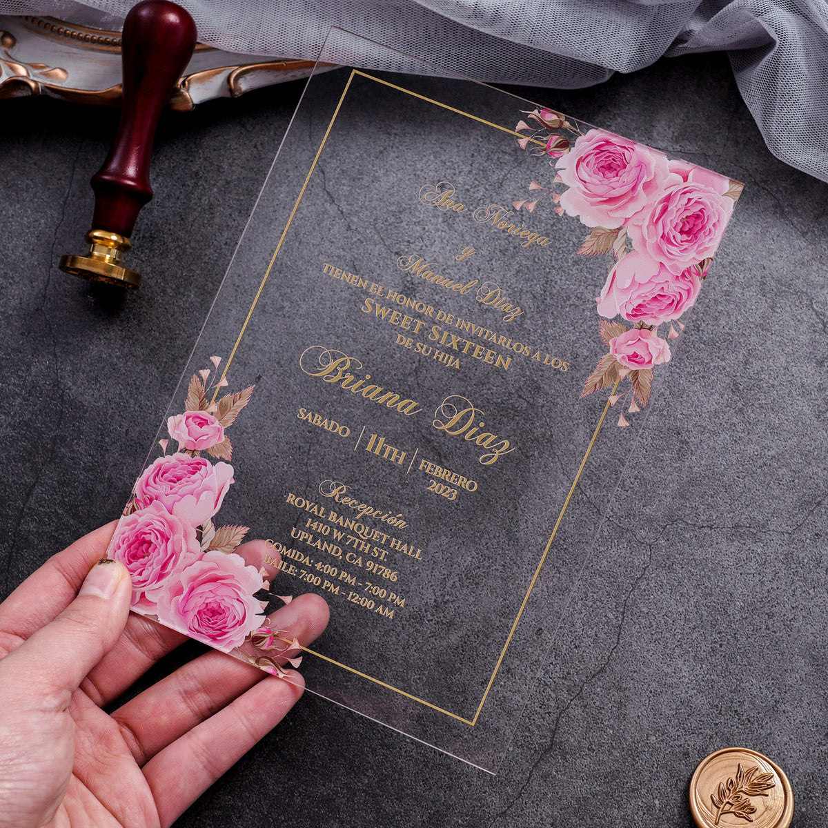 PONATIA 1mm/0.04" Pink Clear Acrylic Quinceanera Invitation Cards with Envelopes