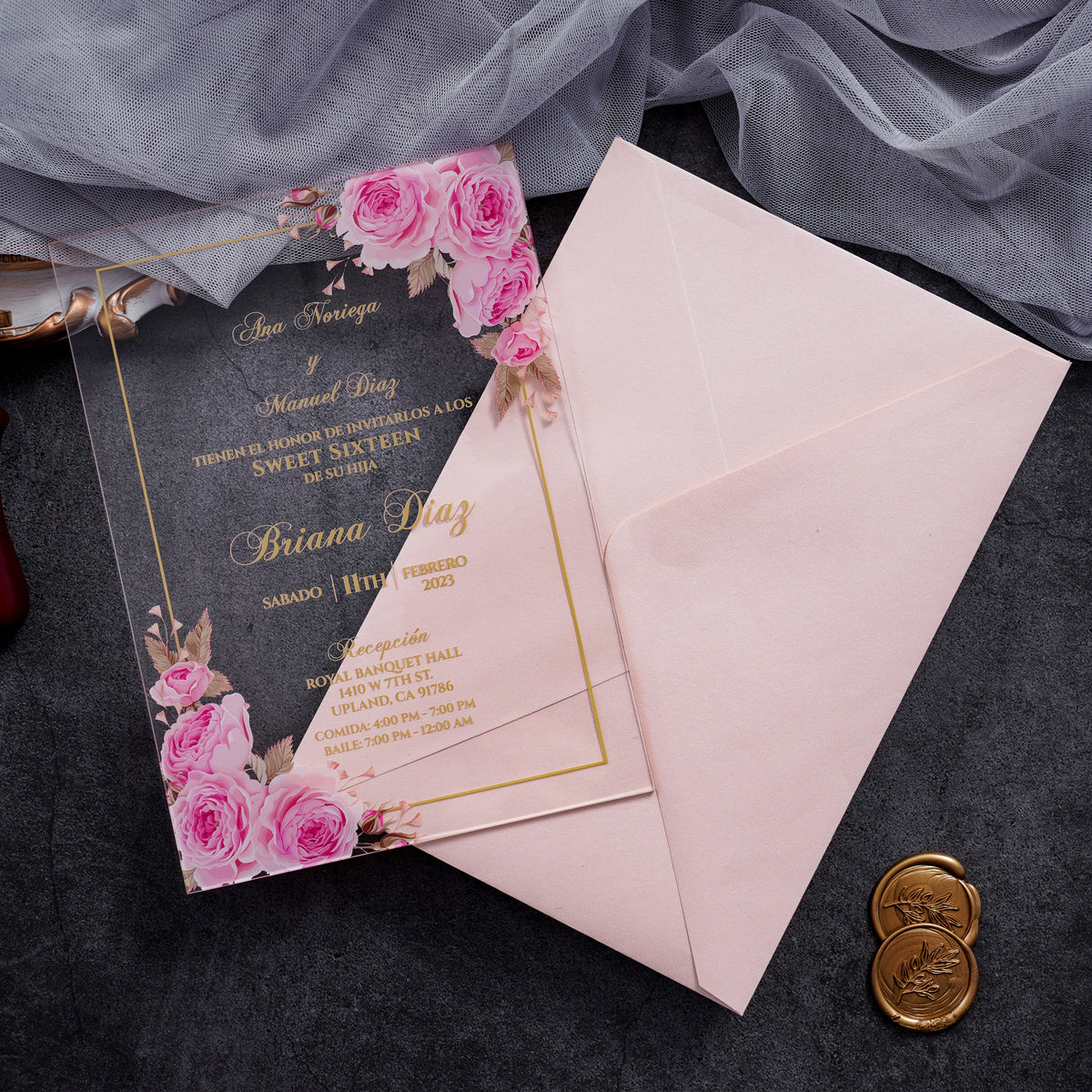 PONATIA 1mm/0.04" Pink Clear Acrylic Quinceanera Invitation Cards with Envelopes