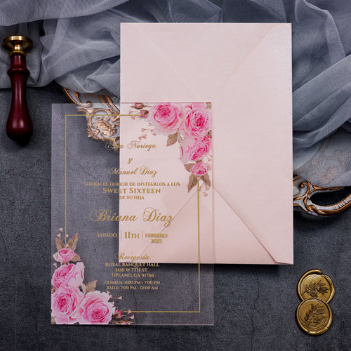 PONATIA 1mm/0.04" Pink Clear Acrylic Quinceanera Invitation Cards with Envelopes